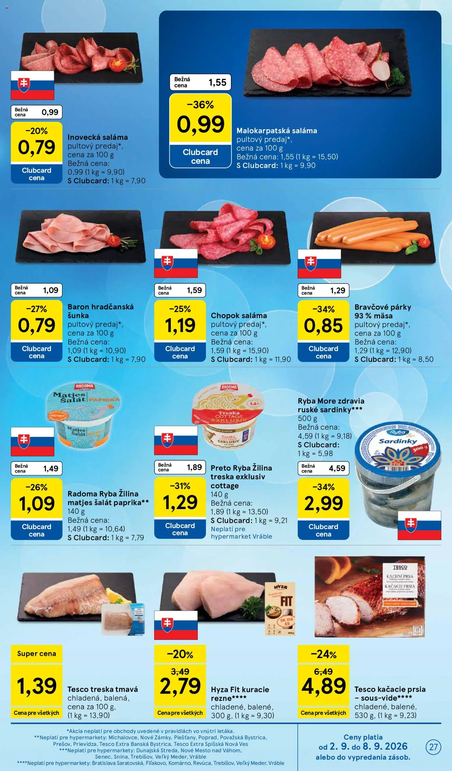 Nové Tesco akcie – leták je platný od 02.09.2026 | Strana: 27 | Produkty: Kačacie prsia, Kuracie rezne, Párky, Rezne