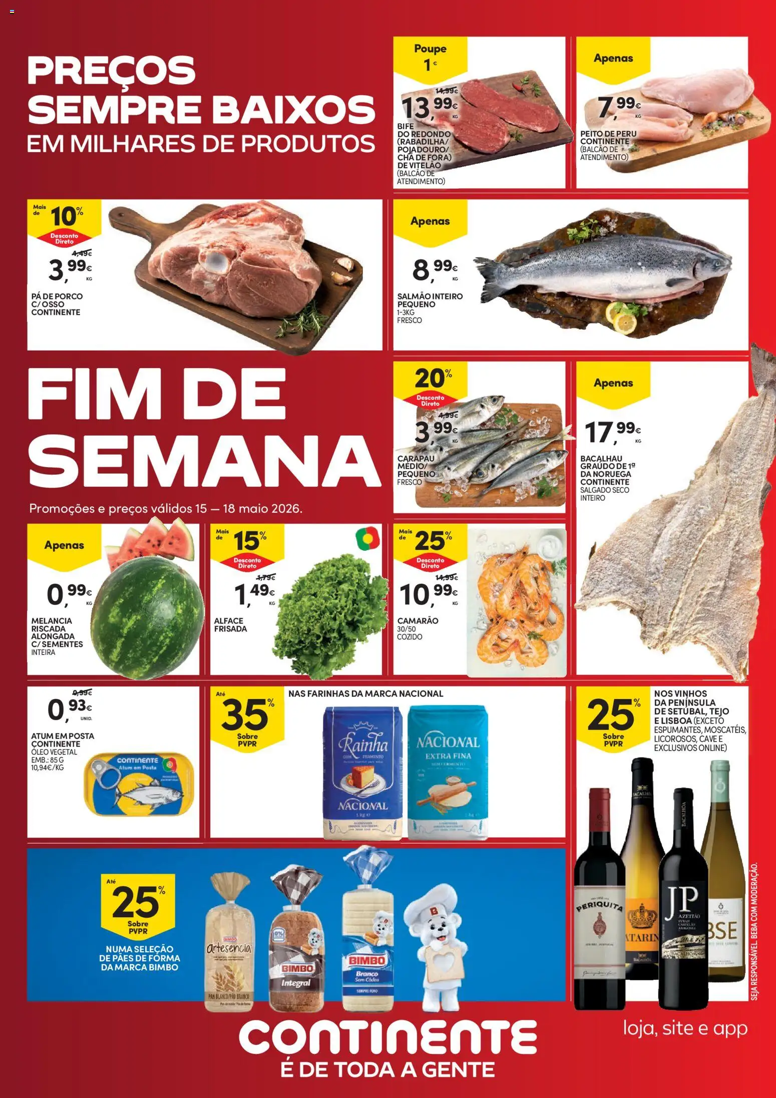 Continente Fim de Semana à Continente │ válido de 15.05.2026 | Página: 1 | Produtos: Bacalhau, Peito de peru, Peru, Melancia