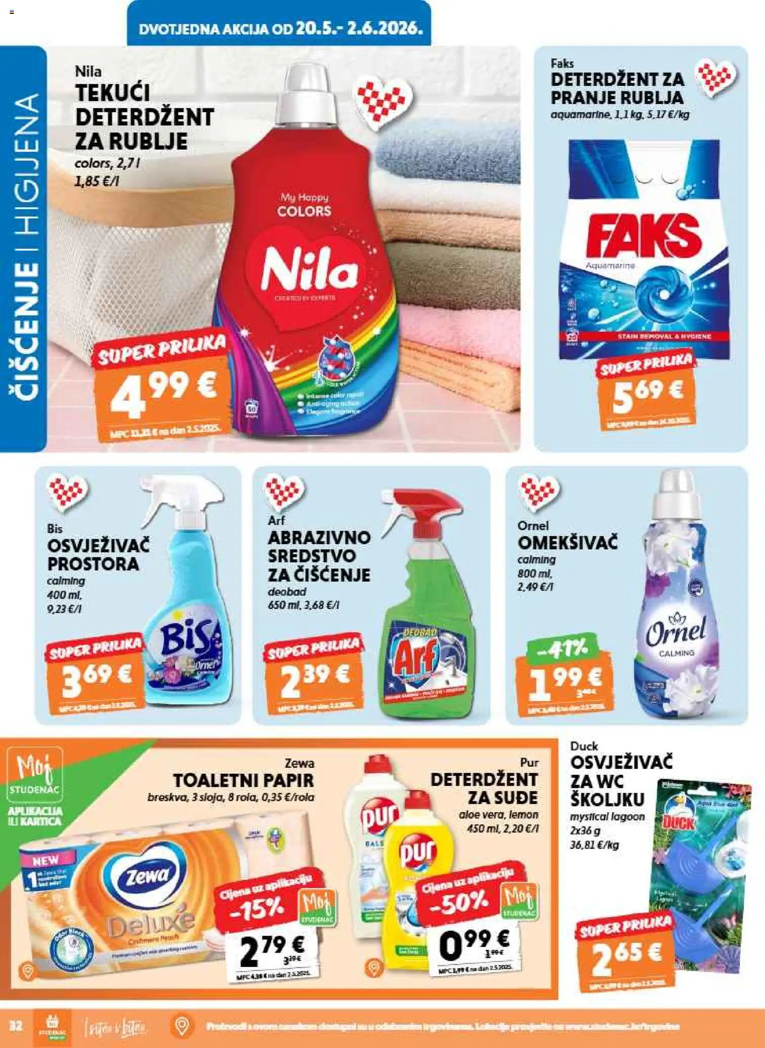 Studenac katalog | vrijedi od 20.05.2026 | Stranica: 32 | Proizvodi: Faks, Omekšivač, Toaletni papir, Nila