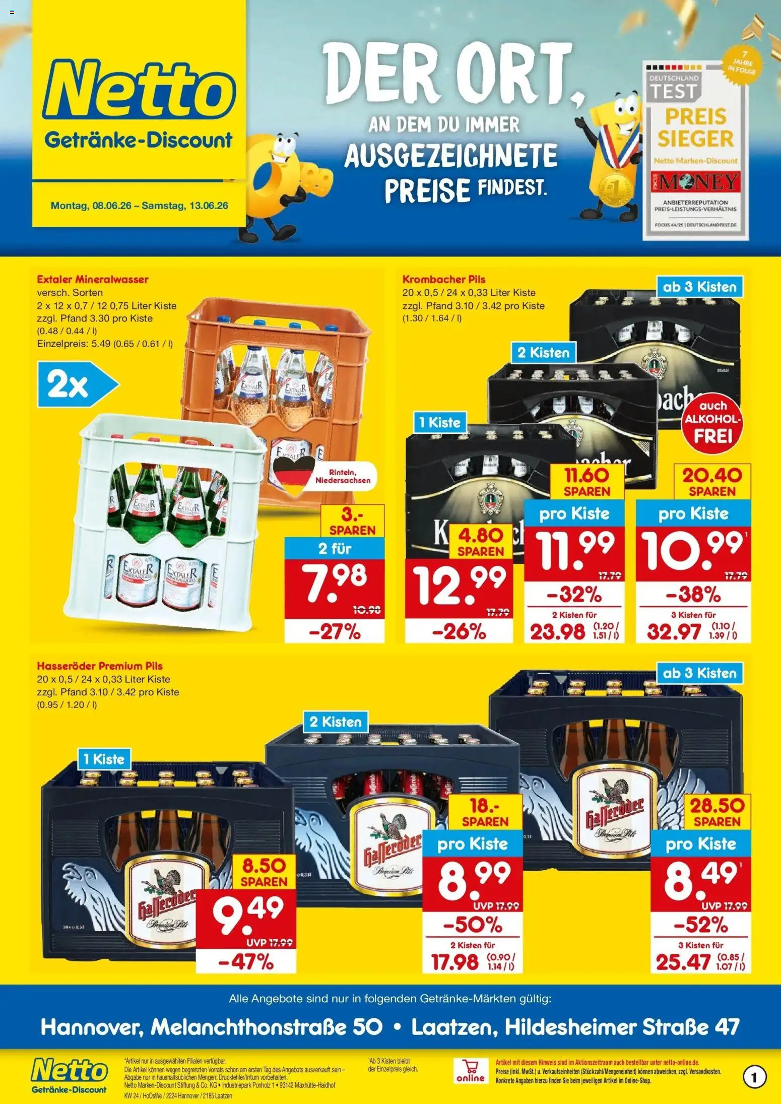 Netto Marken-Discount Prospekt Laatzen – gültig ab 08.06.2026 | Seite: 1 | Produkte: Pils, Mineralwasser, Krombacher, Hasseröder