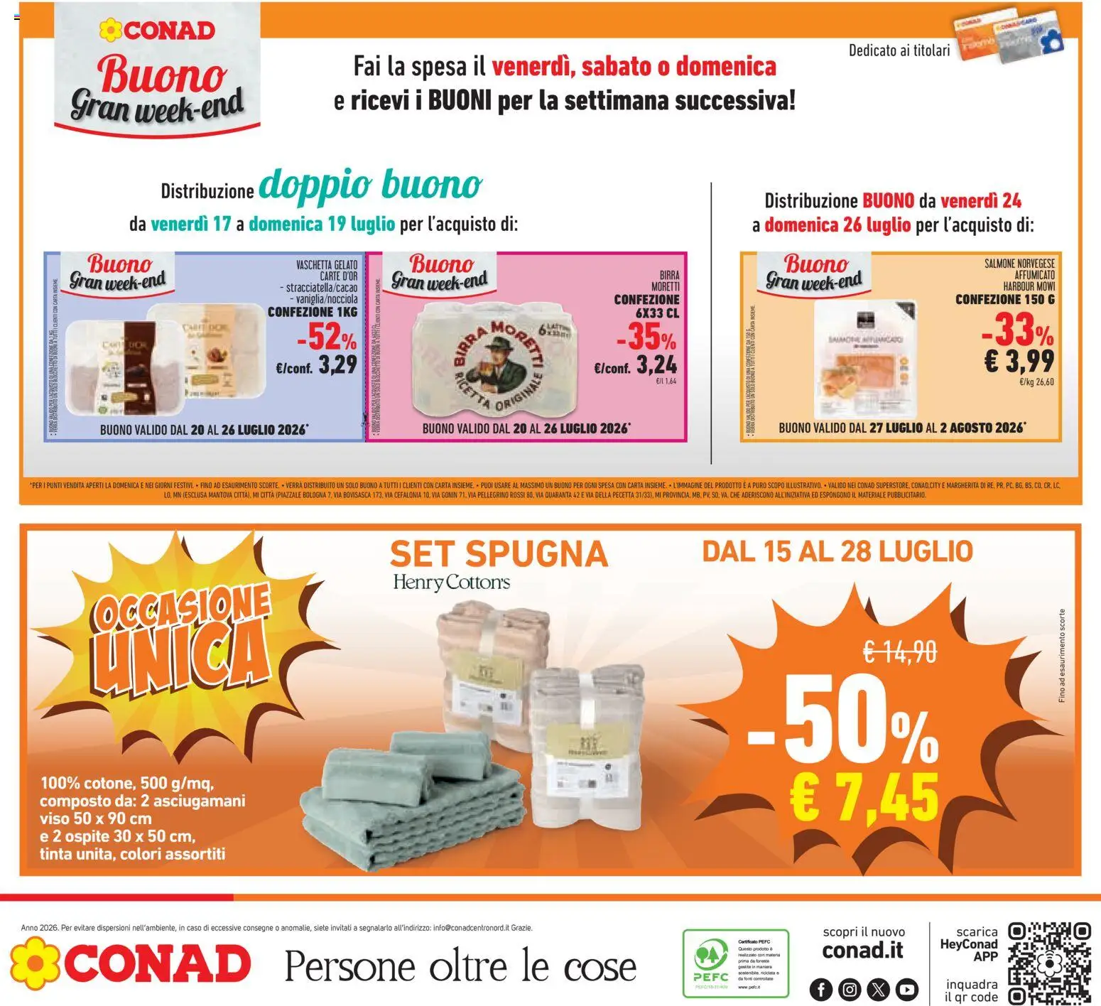 Volantino Conad del 15/07/2026 | Pagina: 42 | Prodotti: Birra, Salmone, Gelato, Birra Moretti