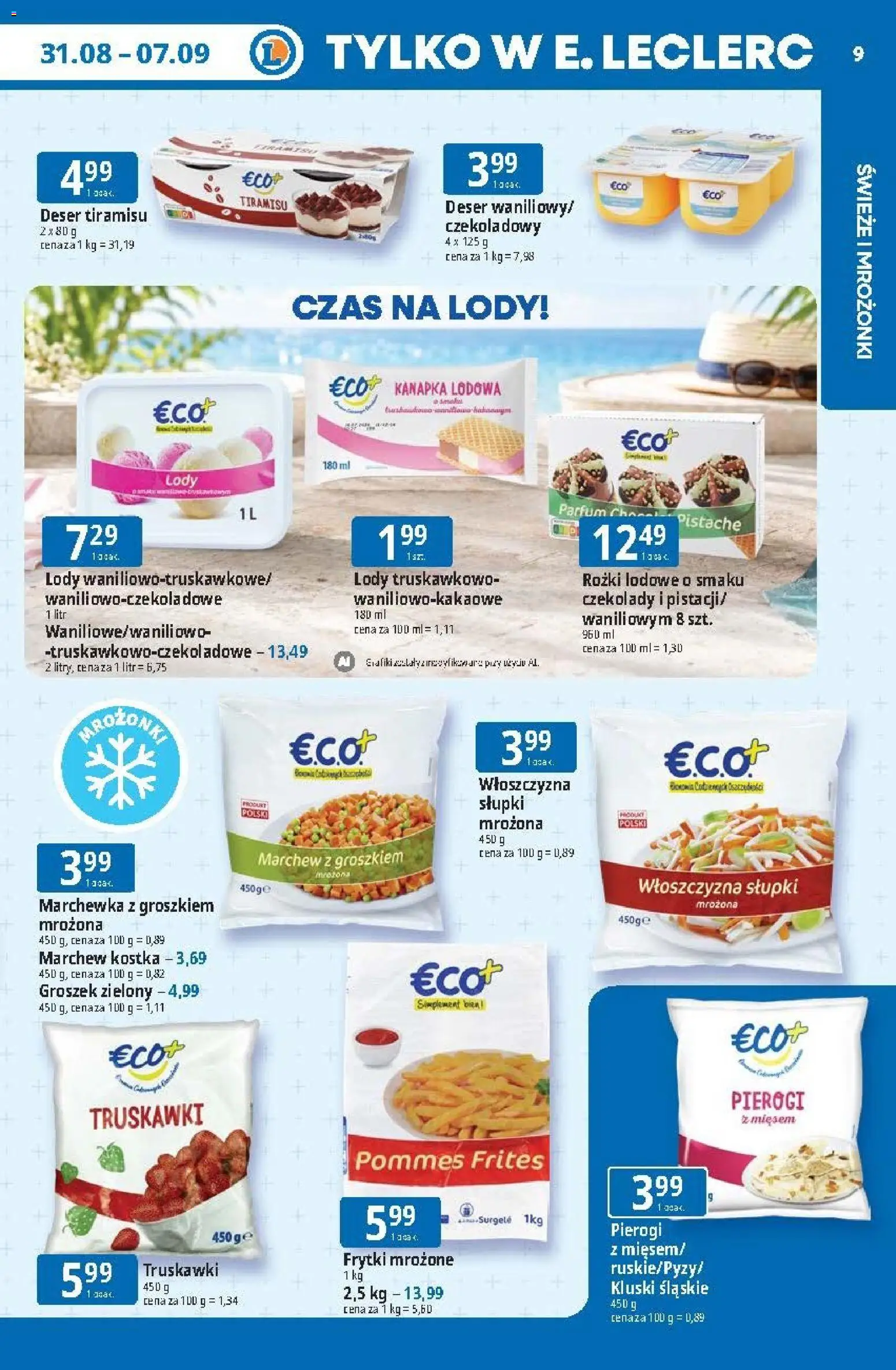 E.Leclerc gazetka od 31.08.2026 | Strona: 9 | Produkty: Włoszczyzna, Pierogi z mięsem, Frytki mrożone, Truskawki