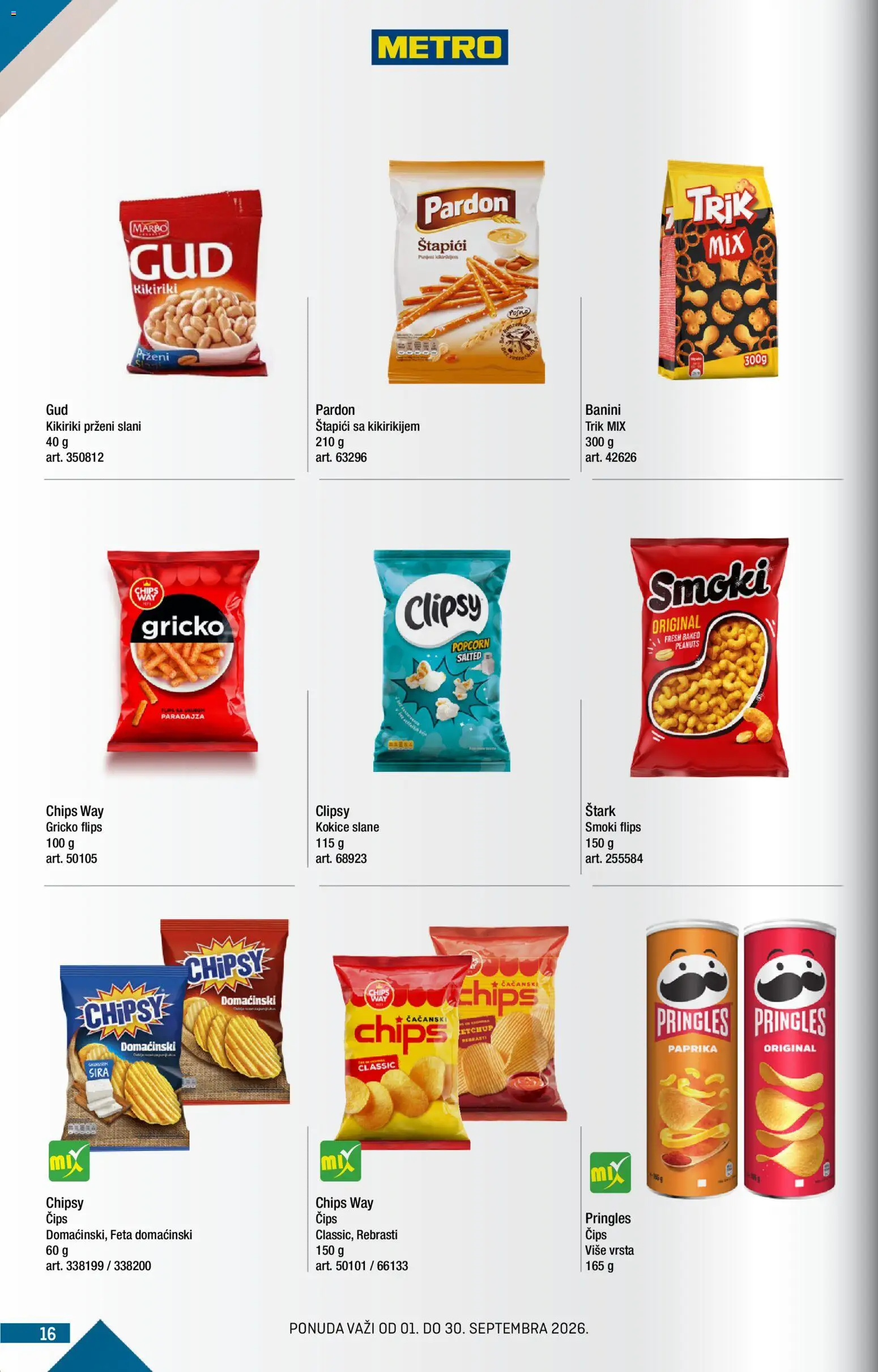 Metro katalog - važi od 01.09.2026 | Strana: 16 | Proizvode: Čips, Paprika, Kikiriki, Pringles