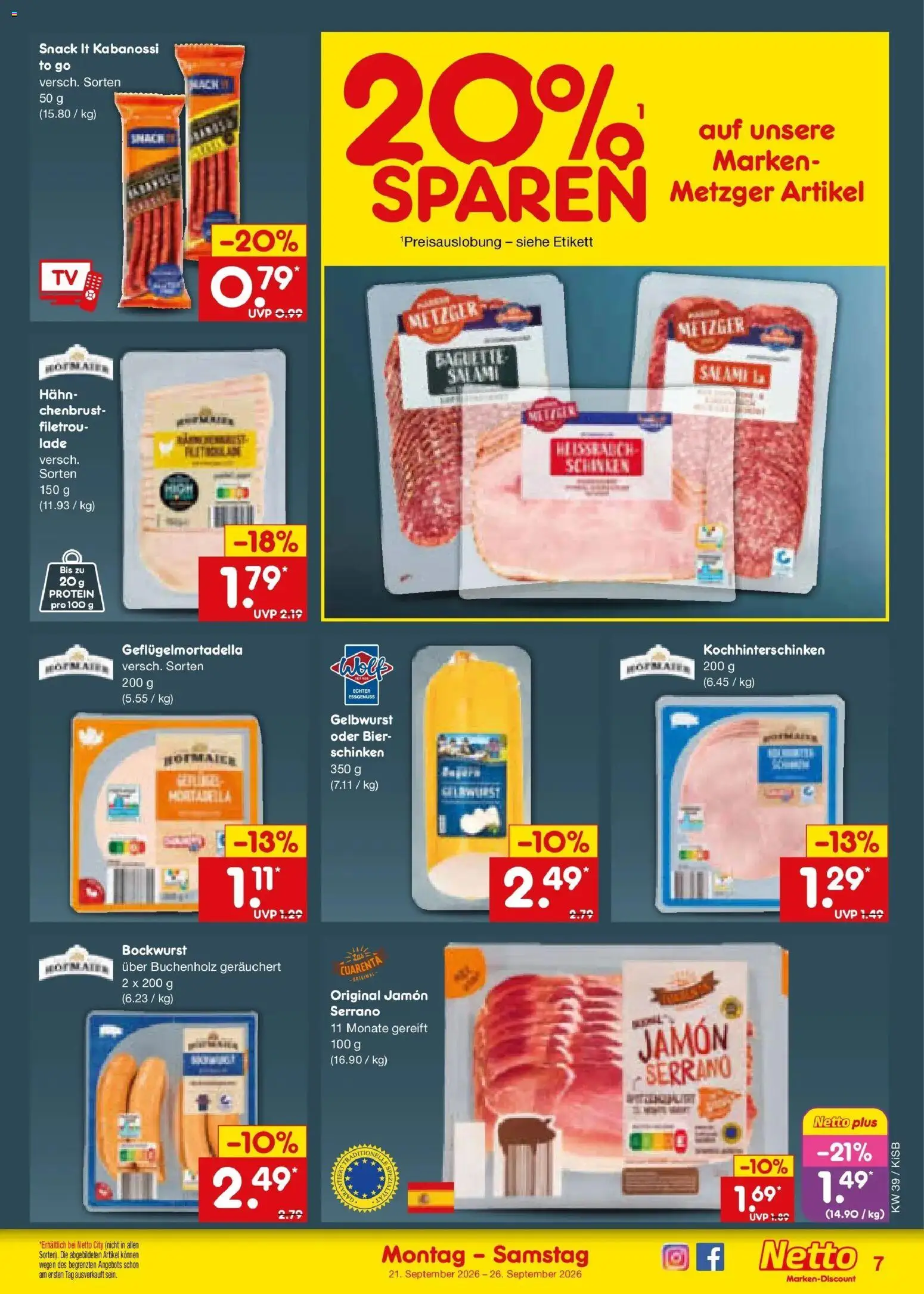 Netto Marken-Discount Prospekt Nürnberg – gültig ab 21.09.2026 | Seite: 11 | Produkte: Bockwurst, Baguette, Salami, Schinken