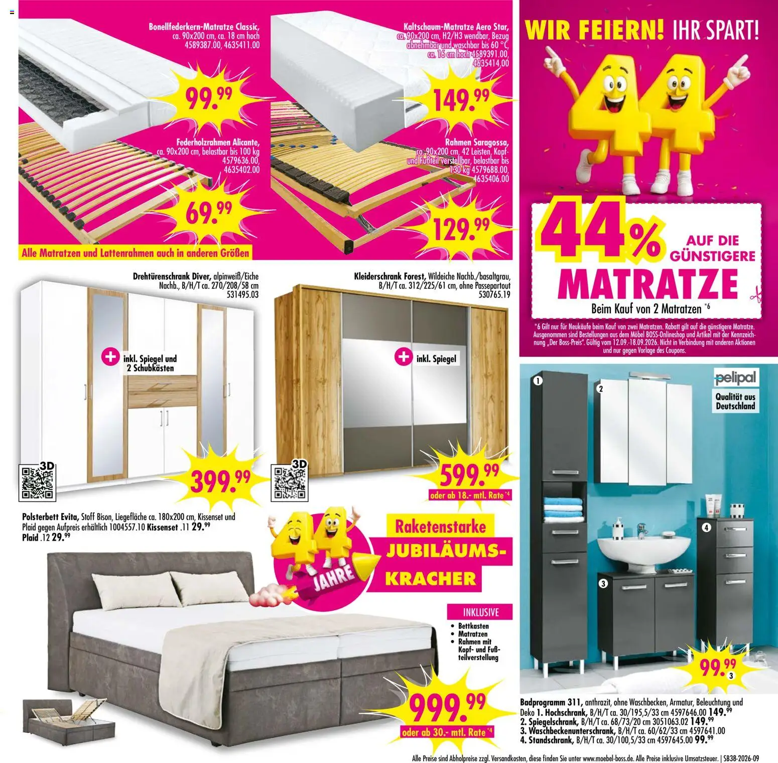 SB Möbel Boss Prospekt – gültig ab 12.09.2026 | Seite: 9 | Produkte: Matratze, Kleiderschrank, Drehtürenschrank, Polsterbett