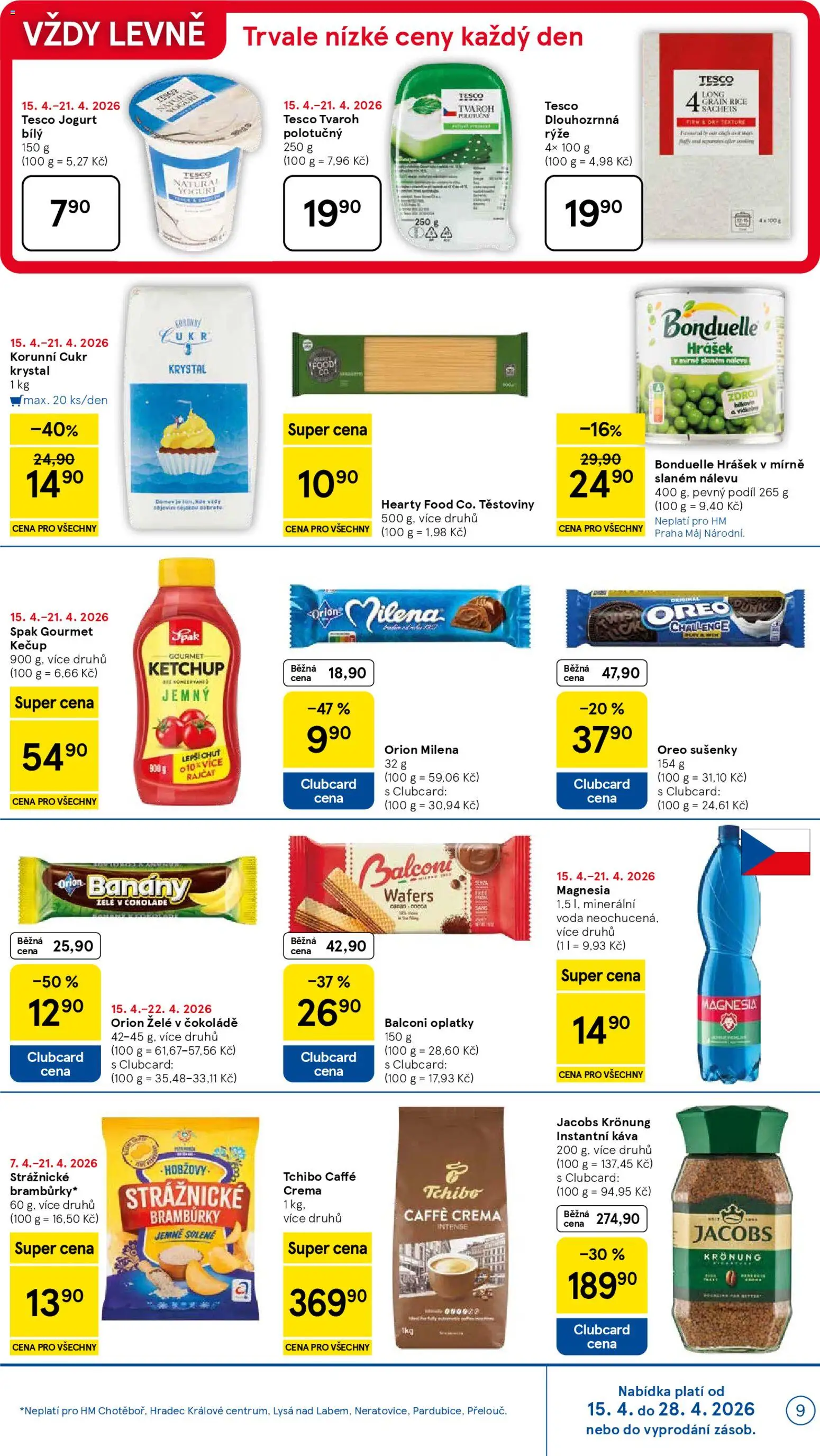 Tesco leták - Hypermarket od 15.04.2026 | Strana: 9 | Produkty: Těstoviny, Cookies, Cukr krystal, Oplatky