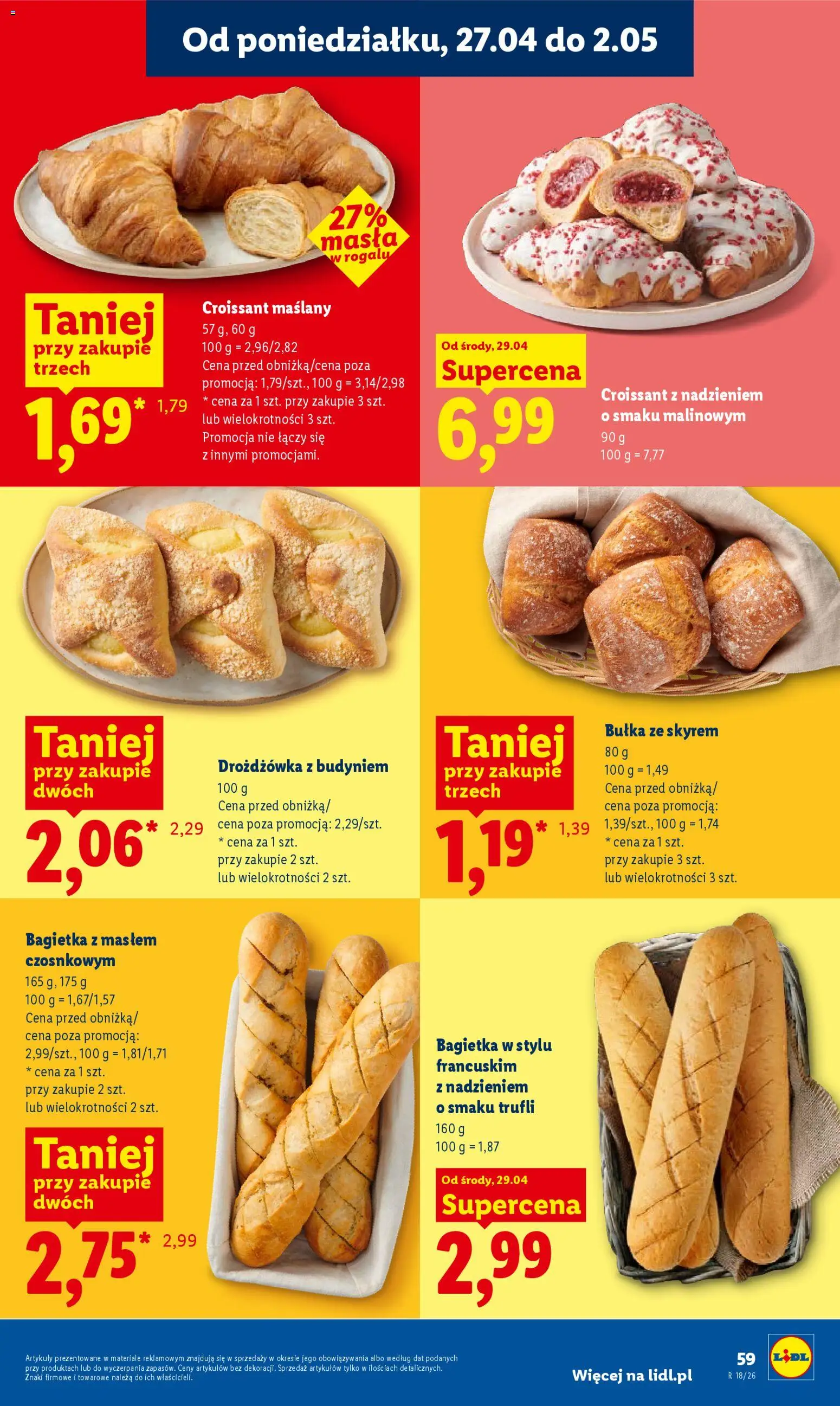 Lidl gazetka od 29.04.2026 | Strona: 59 | Produkty: Drożdżówka z budyniem, Bułka, Bagietka