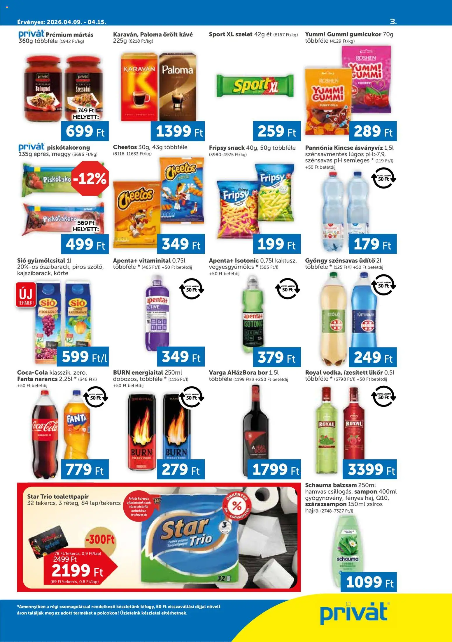 PRIVÁT akciós ujság - amely érvényes a következő dátumtól: 09.04.2026 | Oldal: 3 | Termékek: Fanta, Cheetos, Sampon, Bor