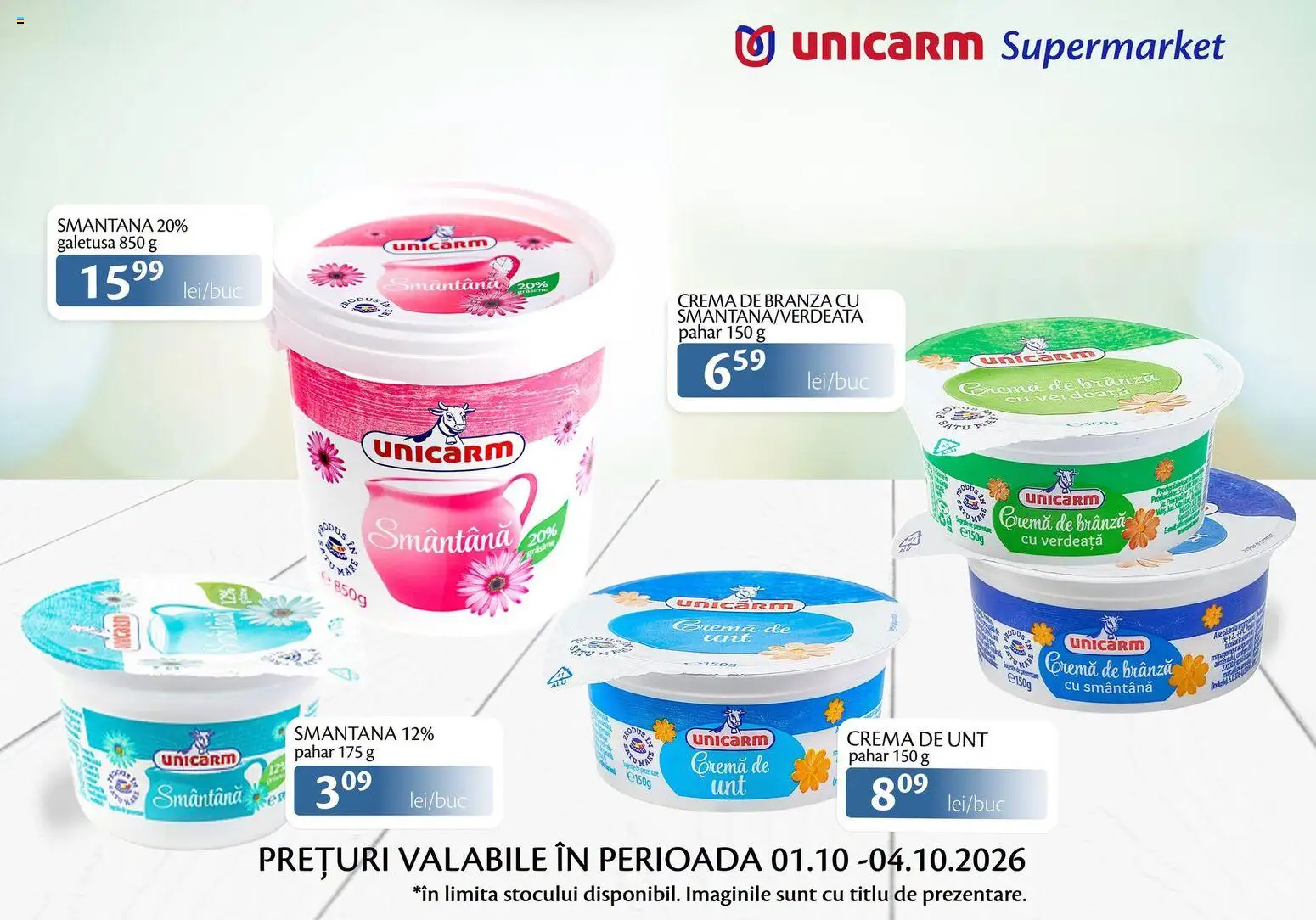 Noul catalog Unicarm – valabil de la 01.10.2026 | Pagină: 3 | Produse: Unt, Cremă, Cremă de brânză, Verdeață
