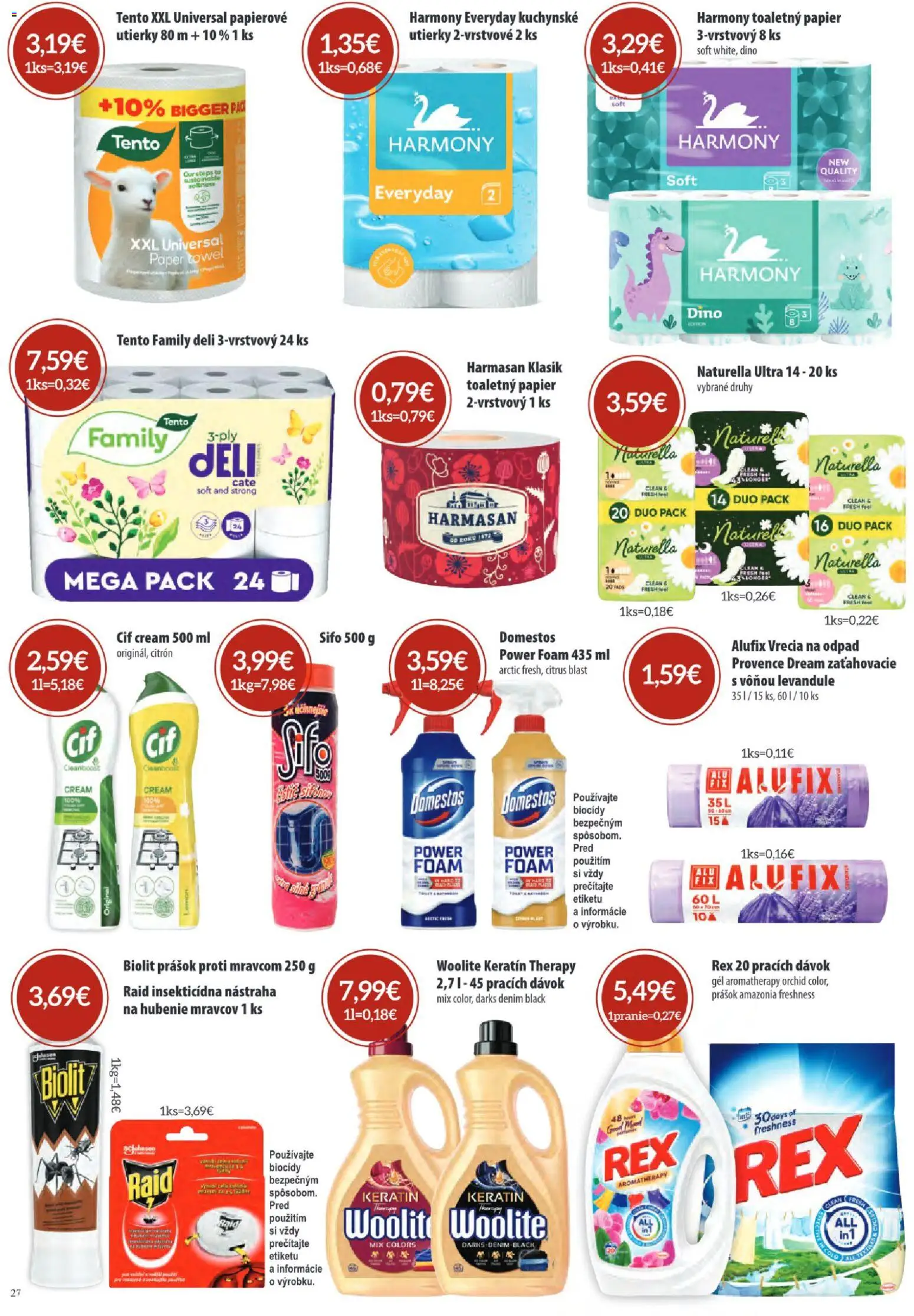 Nové Sintra akcie – leták je platný od 07.05.2026 | Strana: 27 | Produkty: Toaletný papier, Woolite, Raid, Domestos