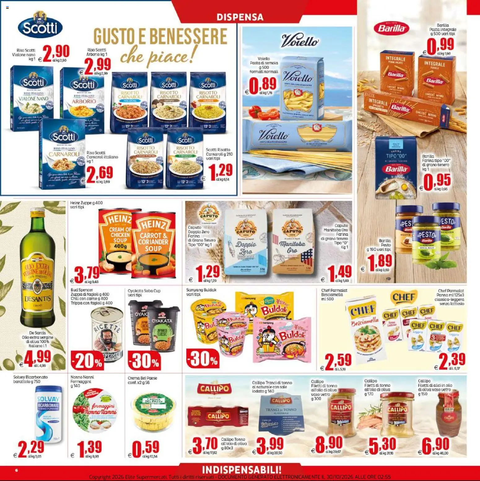 Volantino Elite Supermercati del 30/10/2026 | Pagina: 6 | Prodotti: Zuppe, Sale, Farina, Carne