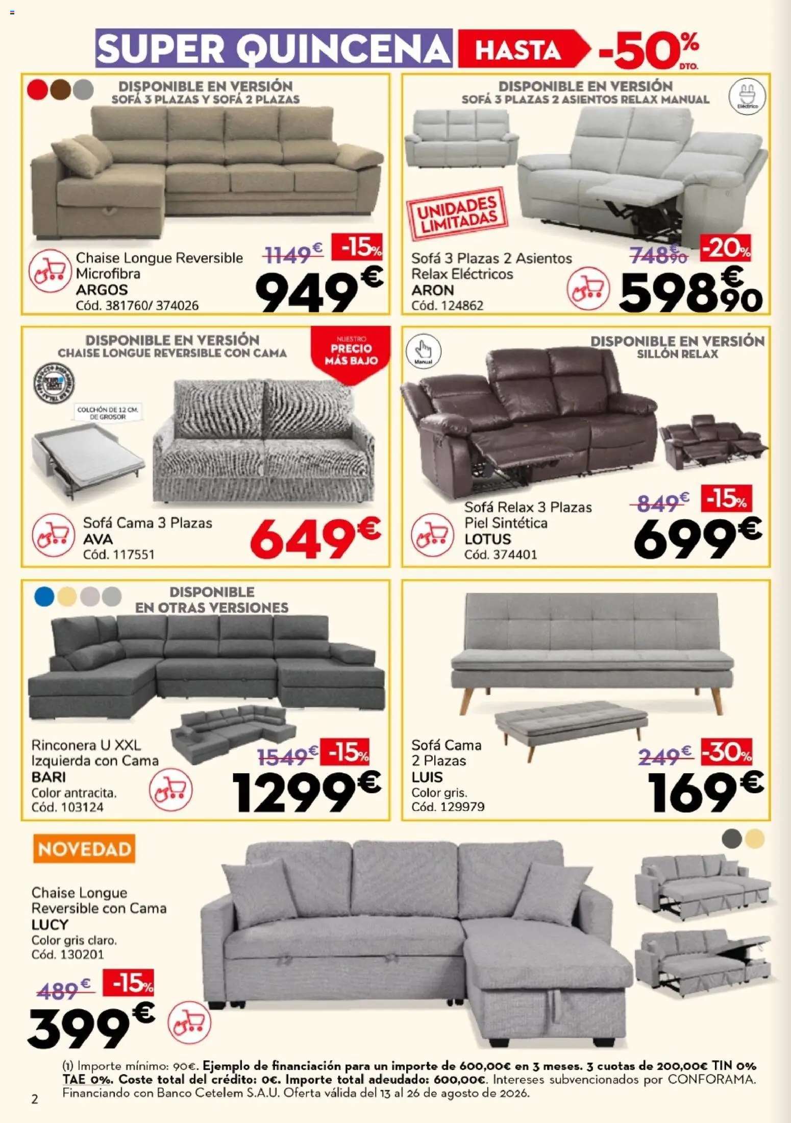 Conforama Super Quincena │ válido desde el 13/08/2026 | Página: 2 | Productos: Colchon, Sofá cama, Sofá, Sillón