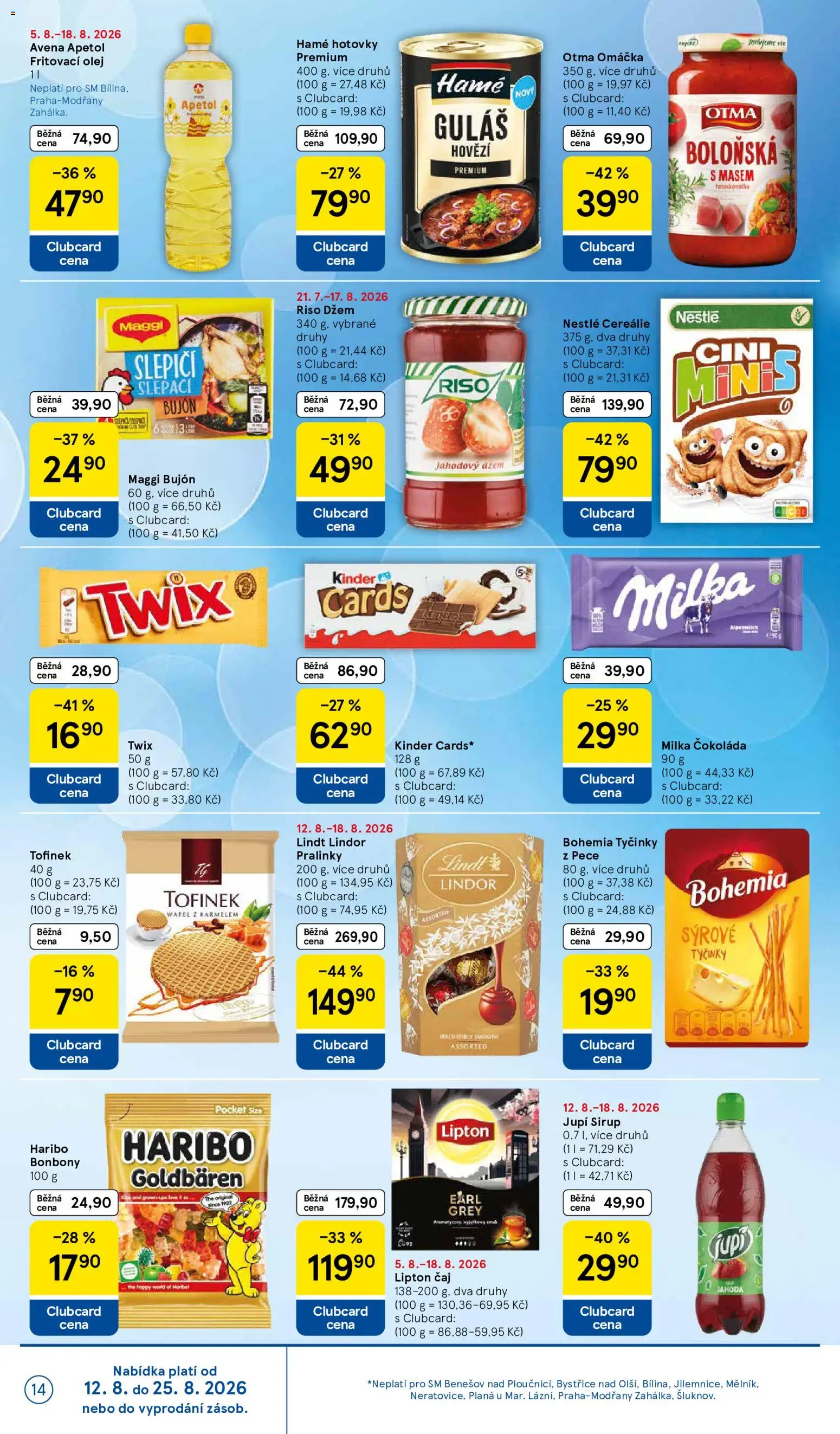 Tesco leták - Supermarket od 12.08.2026 | Strana: 14 | Produkty: Lindor, Olej, Maggi, Čaj