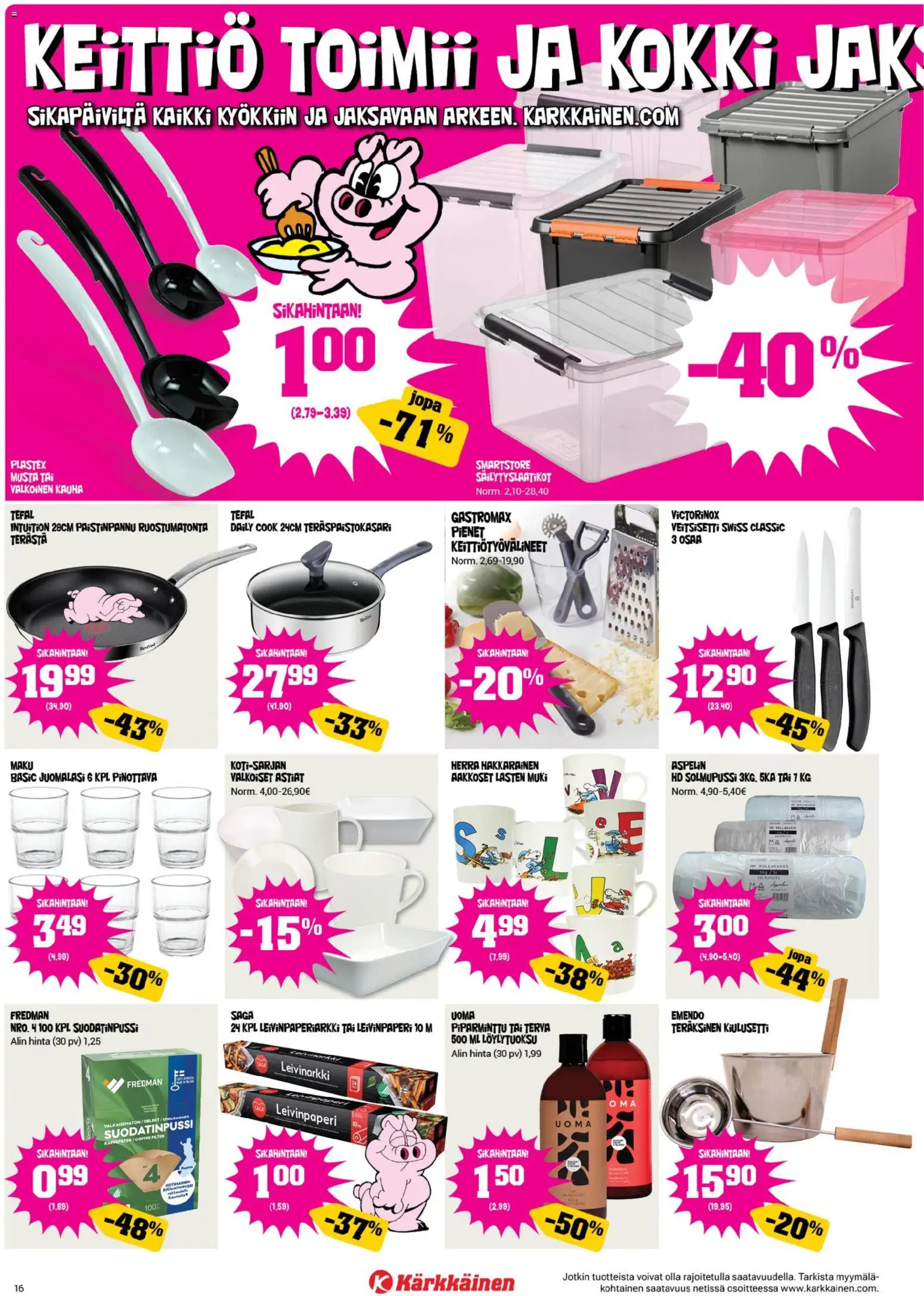 Kärkkäinen tarjoukset – voimassa 30/09/2026 alkaen | Sivu: 16 | Tuotteet: Leivinpaperi, Muki, Paistinpannu, Keittiö