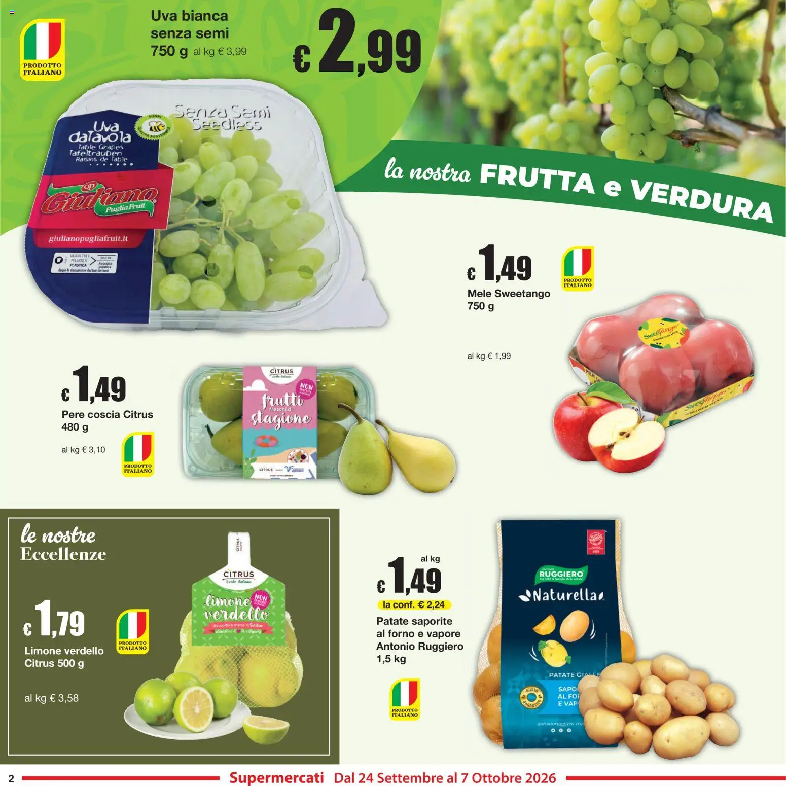 Volantino Sì con Te del 24/09/2026 | Pagina: 2 | Prodotti: Pere, Frutta, Limone, Uva