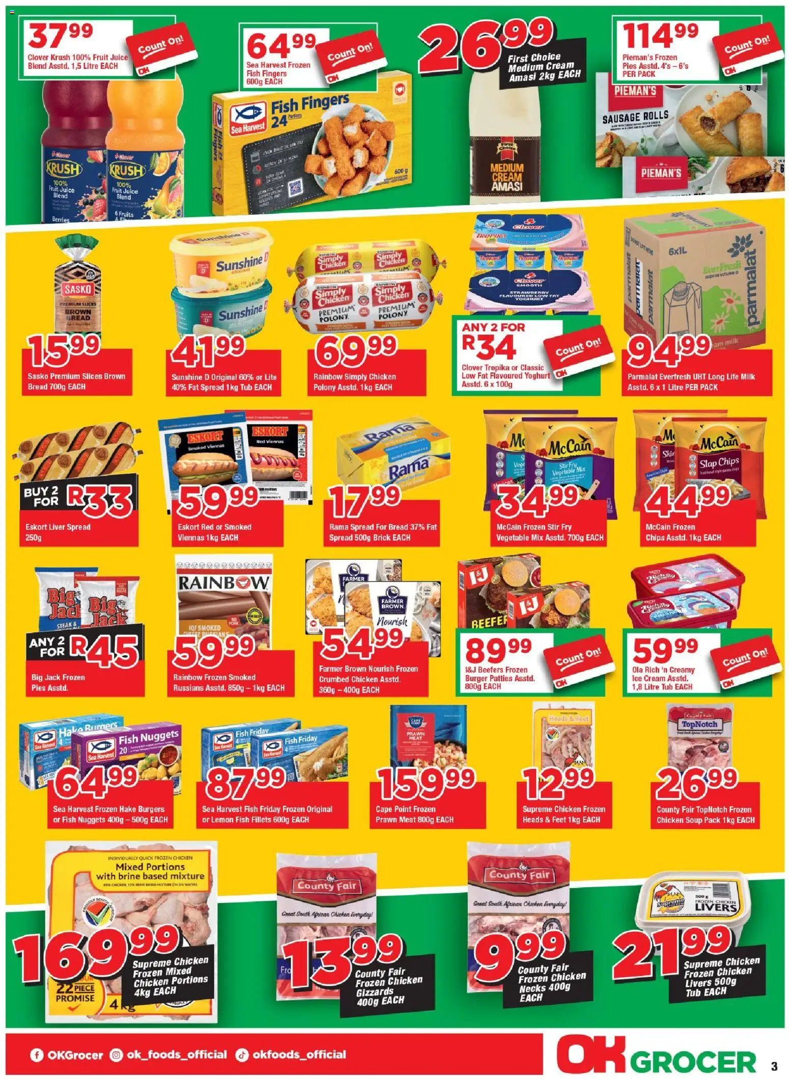 New OK Foods catalogue – valid from 24.04.2026 | Page: 3 | Products: Steak, Milk, Bread, Water