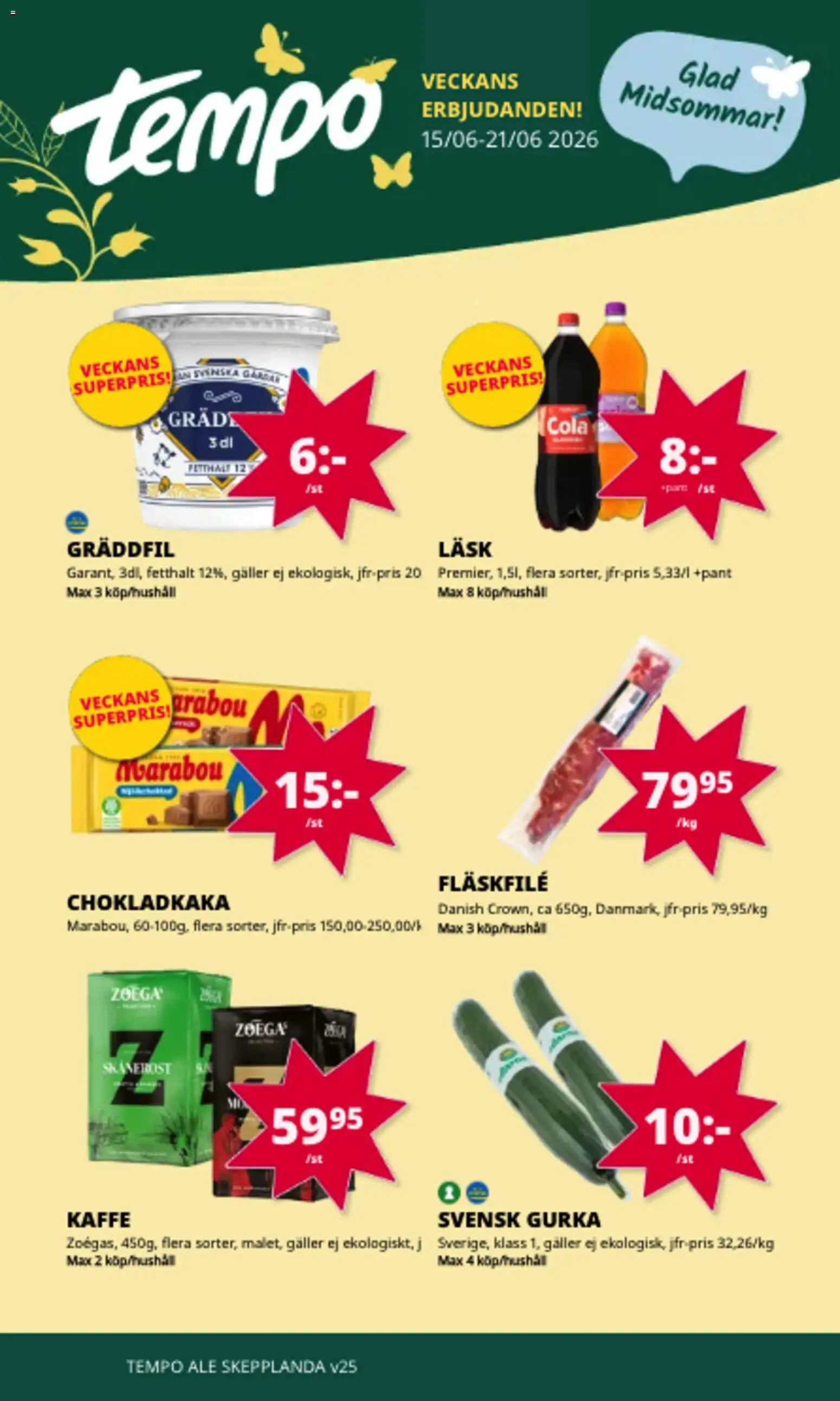 Tempo reklamblad aktuell från 15.06.2026 | Sida: 1 | Produkter: Chokladkaka, Kaffe, Gräddfil, Gurka