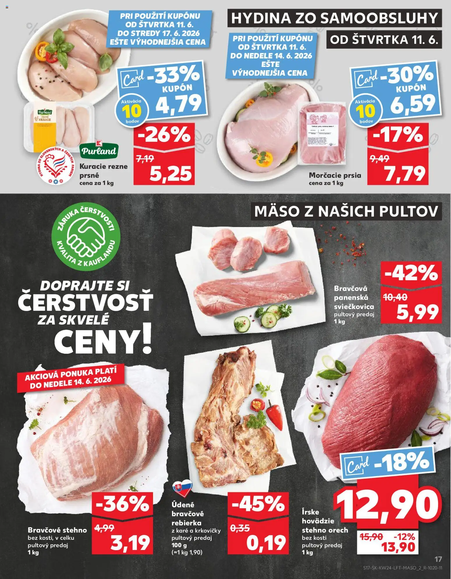 Nové Kaufland akcie – leták je platný od 11.06.2026 | Strana: 17 | Produkty: Bravčové stehno, Kuracie rezne