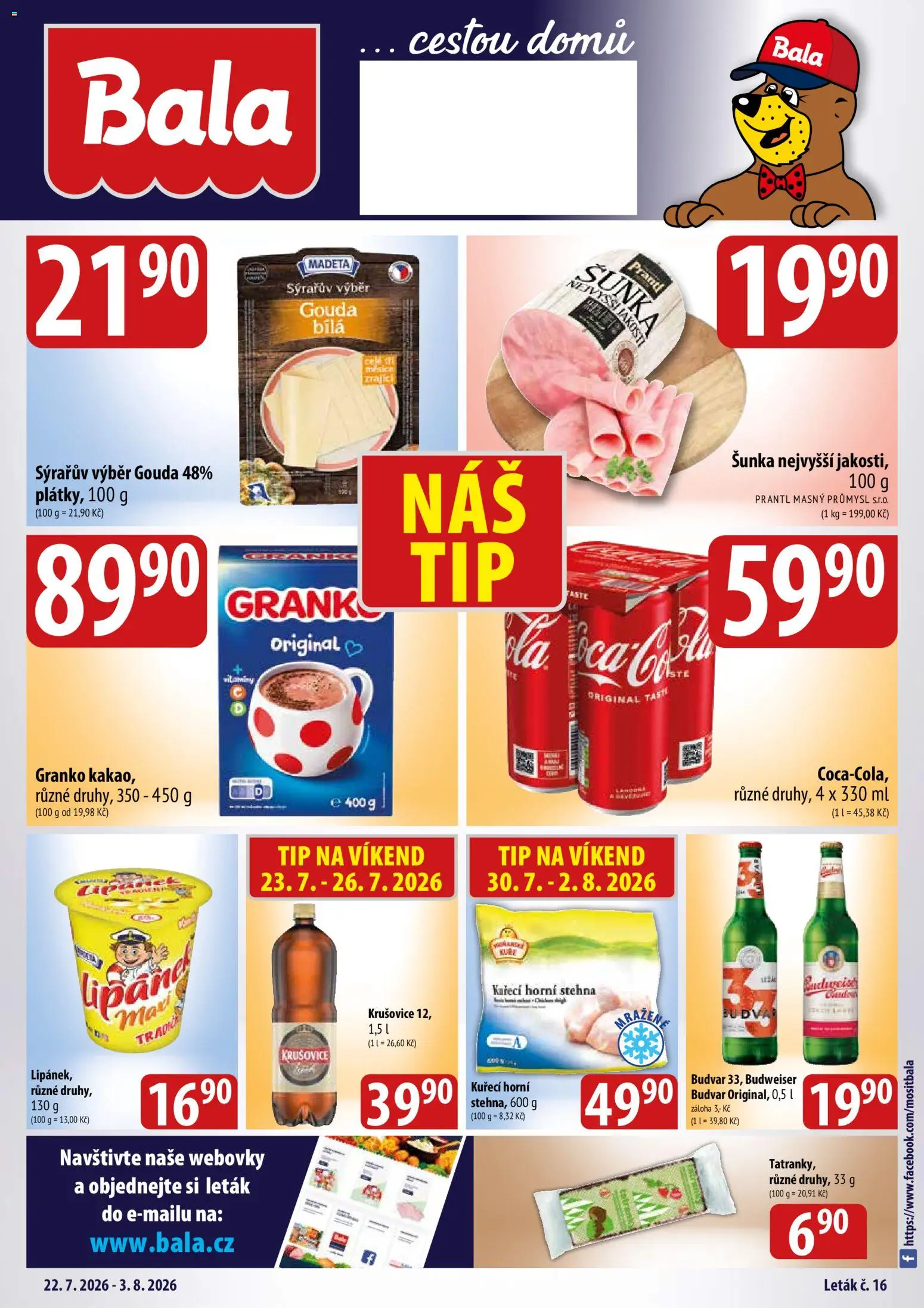 BALA velký leták + od 22.07.2026 | Strana: 1 | Produkty: Budvar, Šunka, Granko, Krušovice