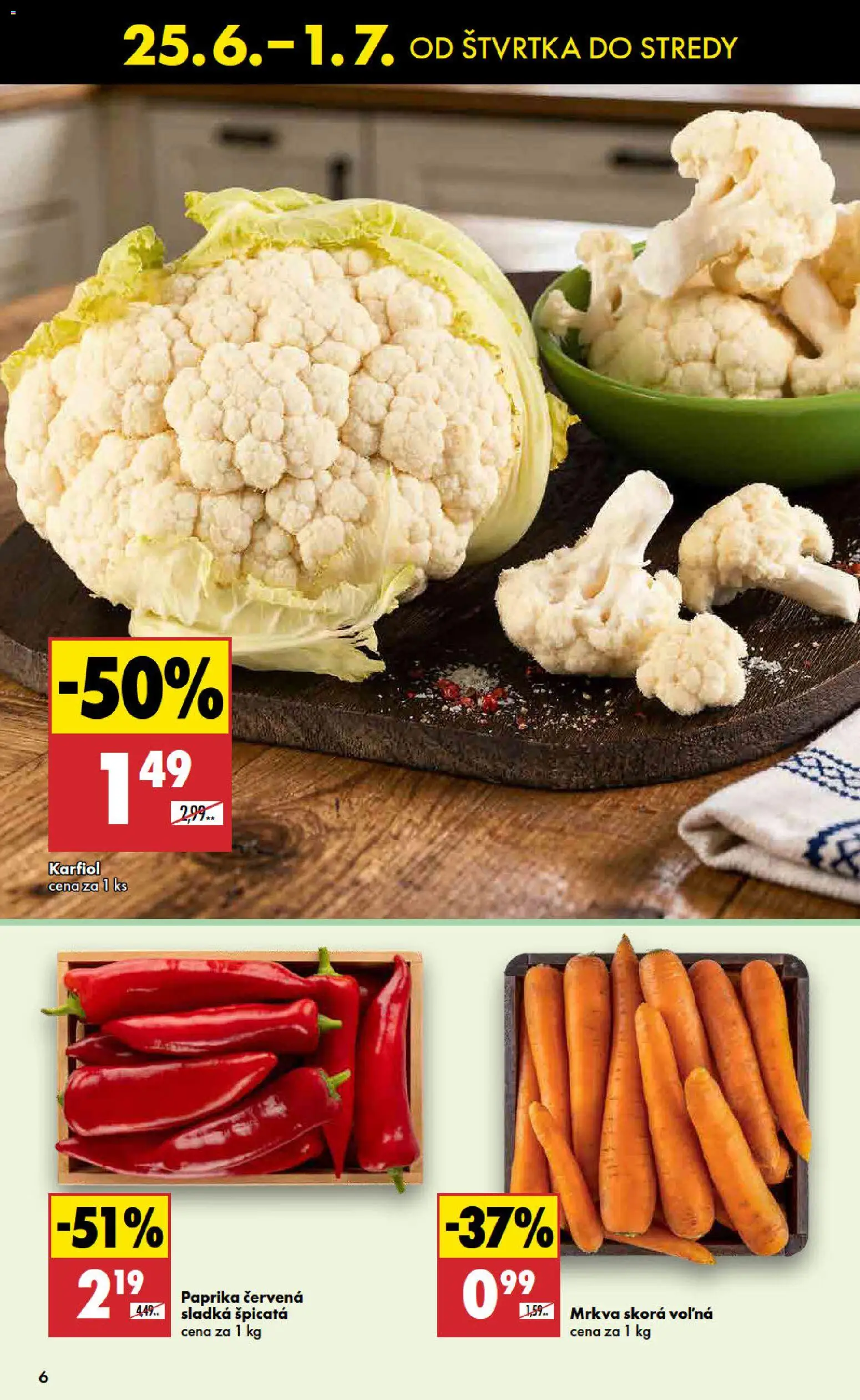 Nové Biedronka akcie – leták je platný od 25.06.2026 | Strana: 6 | Produkty: Paprika, Karfiol, Mrkva