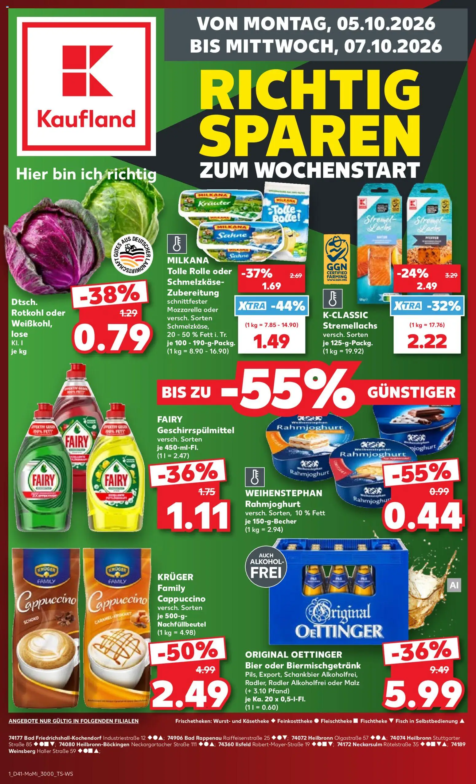 Kaufland Německo leták - Wochenstartk od 05.10.2026 | Strana: 1 | Produkty: Radler, Cappuccino, Mozzarella, Alkohol
