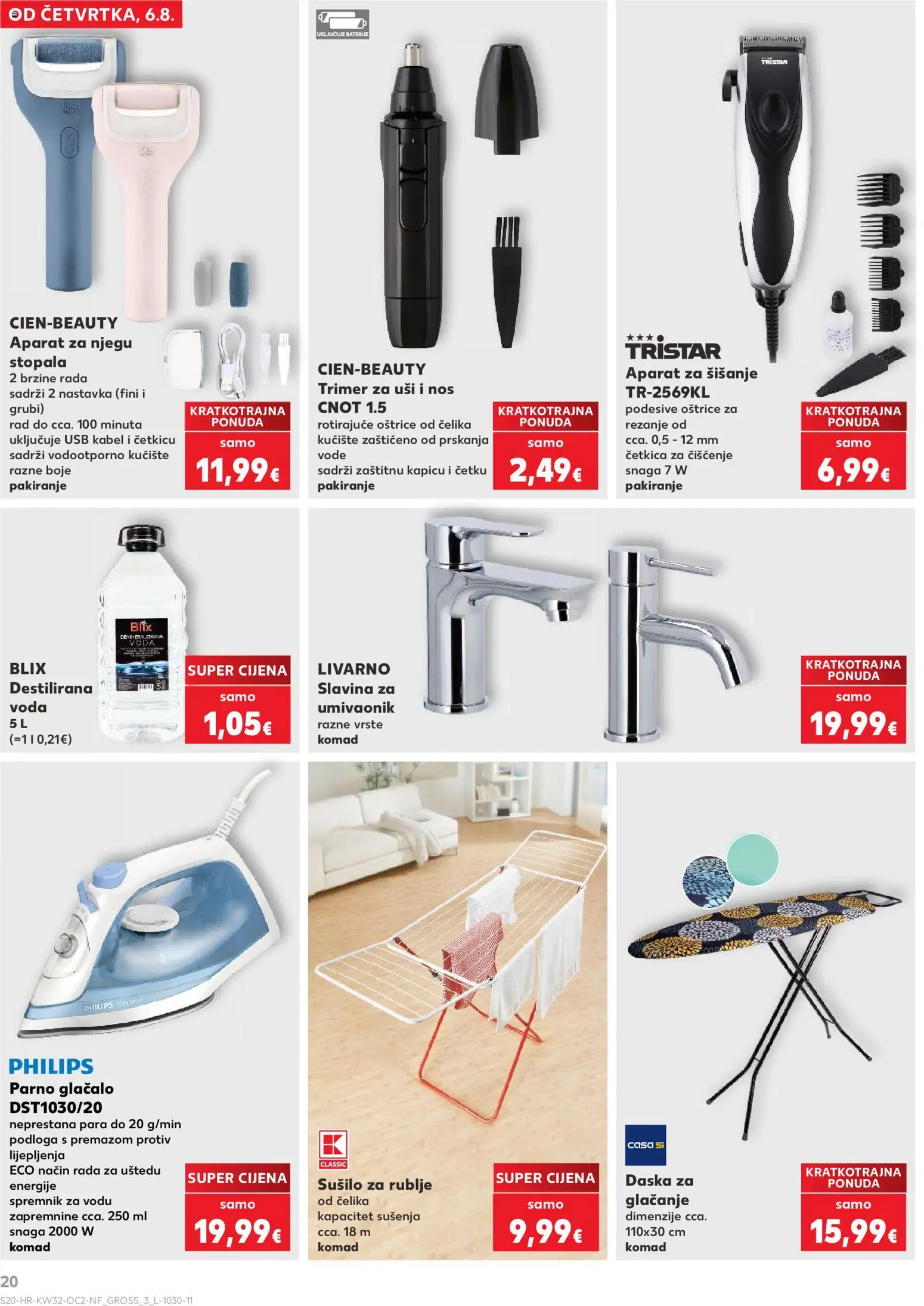 Kaufland katalog | vrijedi od 06.08.2026 | Stranica: 20 | Proizvodi: Destilirana voda, Sušilo za rublje, Daska za glačanje, Kabel