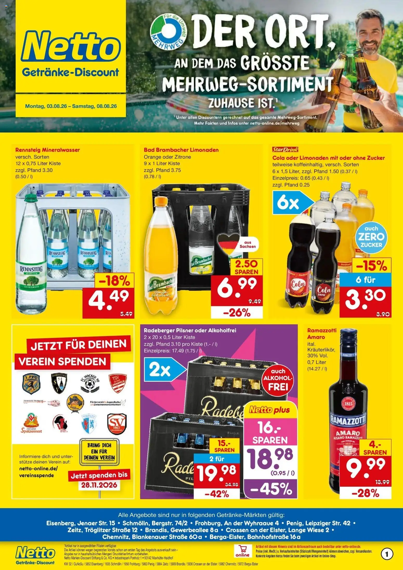 Netto Marken-Discount Prospekt Brandis – gültig ab 03.08.2026 | Seite: 1 | Produkte: Bad, Mineralwasser, Radeberger pilsner, Ramazzotti