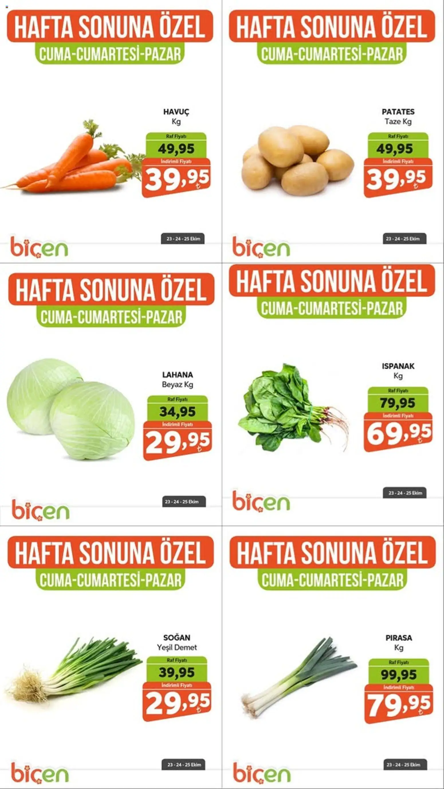 Biçen Market - Hafta Sonuna Özel - Sebze İndirimi - 23 Ekim 2026 tarihinden itibaren geçerlidir | Sayfa: 2 | Ürünler: Raf, Ispanak, Patates, Lahana