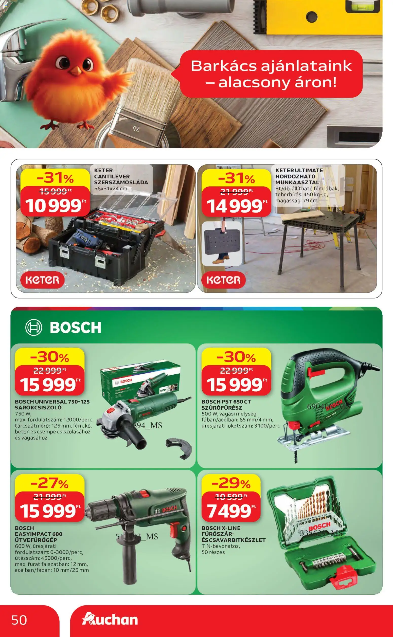 Auchan akciós ujság - amely érvényes a következő dátumtól: 04.06.2026 | Oldal: 51 | Termékek: Szúrófűrész, Beton, Munkaasztal, Szerszámosláda