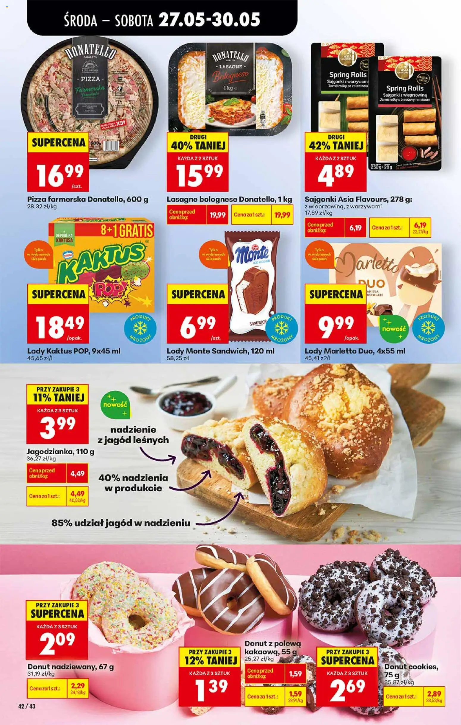 Biedronka gazetka od środy od 27.05.2026 | Strona: 42 | Produkty: Donut nadziewany, Lasagne, Lasagne bolognese, Lody Kaktus