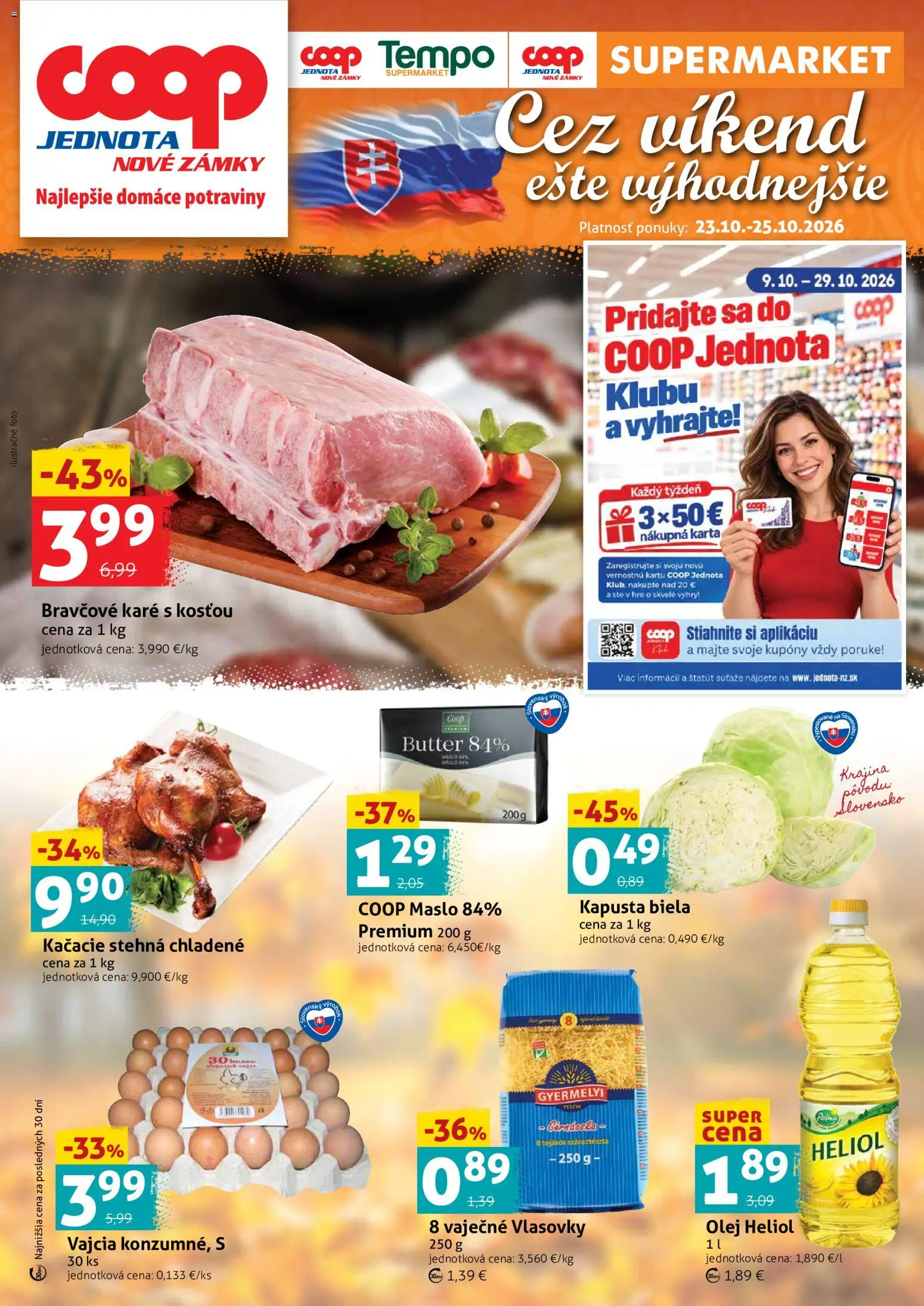 Nové COOP Jednota akcie – leták je platný od 23.10.2026 | Strana: 1 | Produkty: Kapusta, Vajcia, Stehná, Bravčové karé