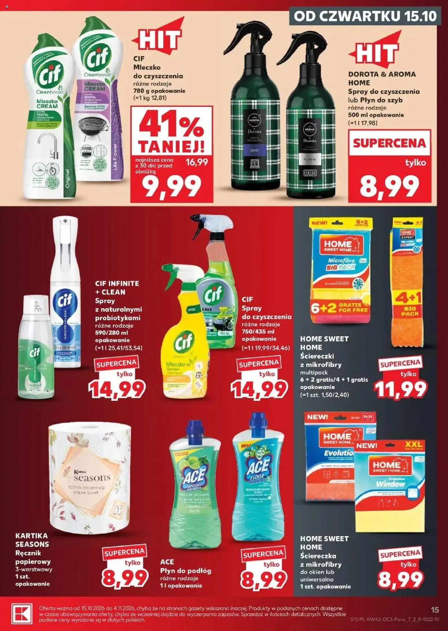 Kaufland gazetka - Chemia i kosmetyki od 15.10.2026 - od jutra PDF | Strona: 15 | Produkty: Cleaner, Cif mleczko, Płyn do szyb, Ściereczki z mikrofibry