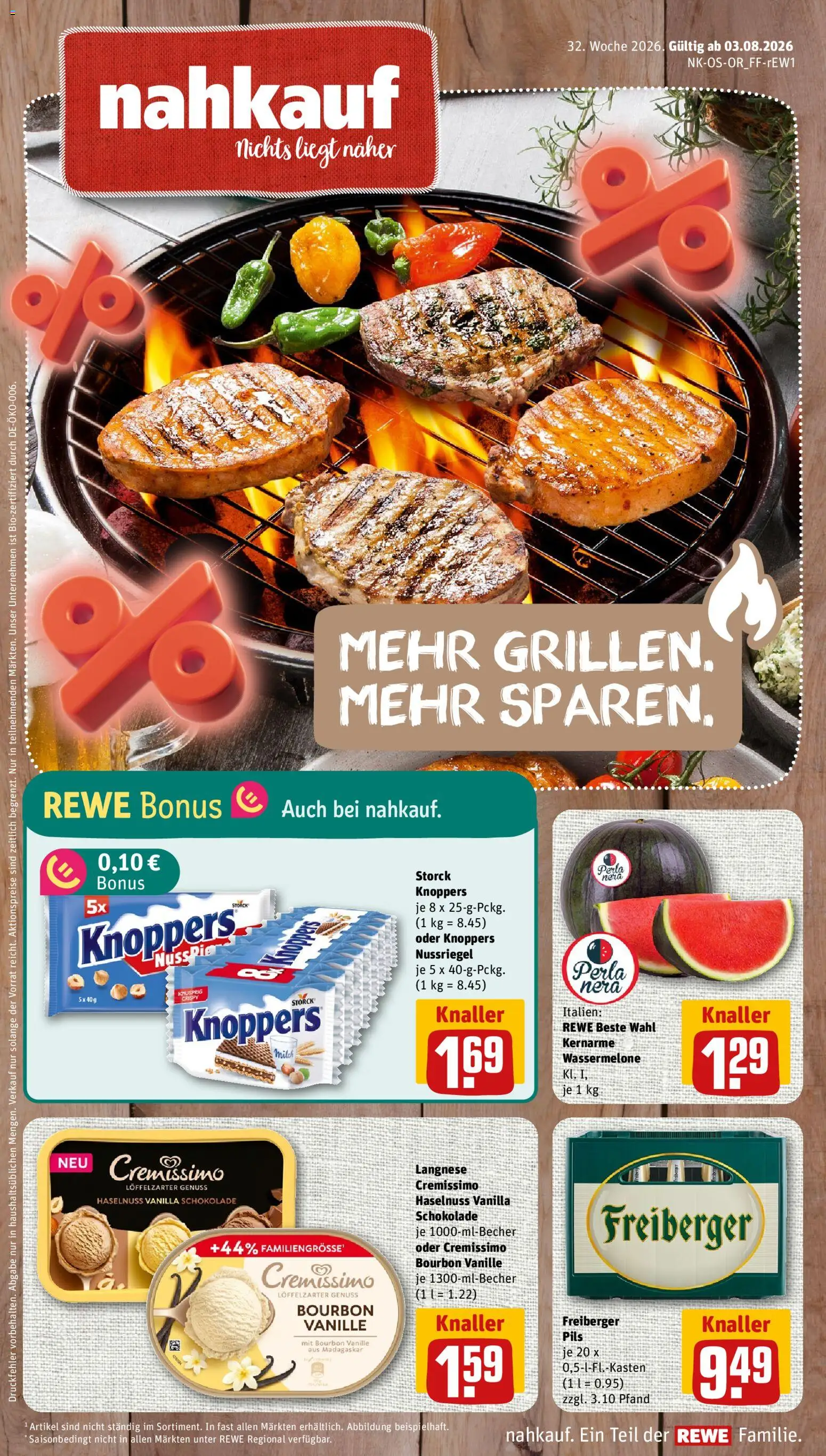 Nahkauf Prospekt – gültig ab 03.08.2026 | Seite: 1 | Produkte: Langnese, Pils, Knoppers, Wassermelone