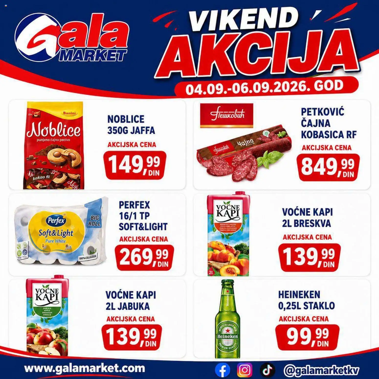 Gala MARKET katalog - važi od 04.09.2026 | Strana: 1 | Proizvode: Heineken, Kakao, Breskva, Kobasica