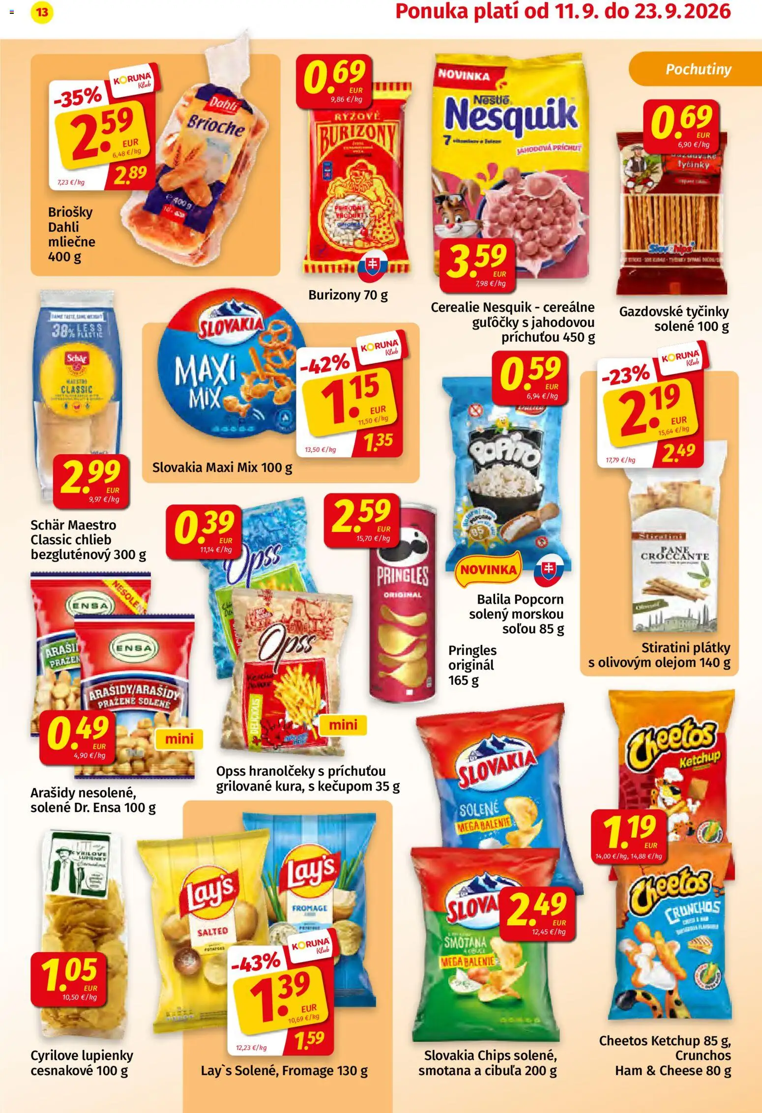 Nové Koruna akcie – leták je platný od 11.09.2026 | Strana: 13 | Produkty: Smotana, Cereálie, Cibuľa, Nesquik