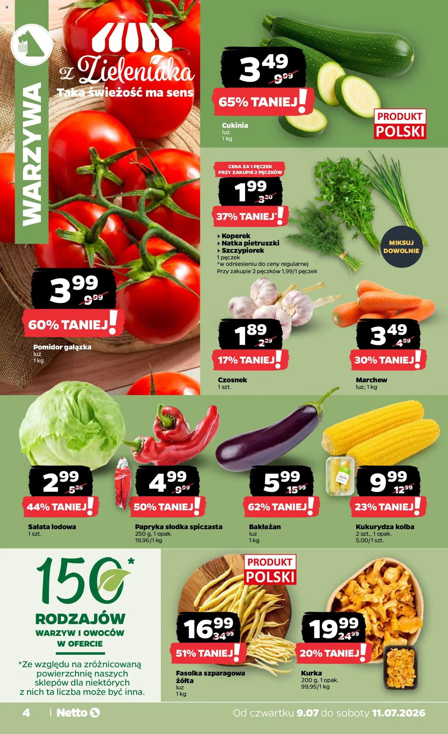 Netto gazetka od czwartku spożywcza od 09.07.2026 | Strona: 4 | Produkty: Bakłażan, Kukurydza, Fasolka szparagowa, Warzywa