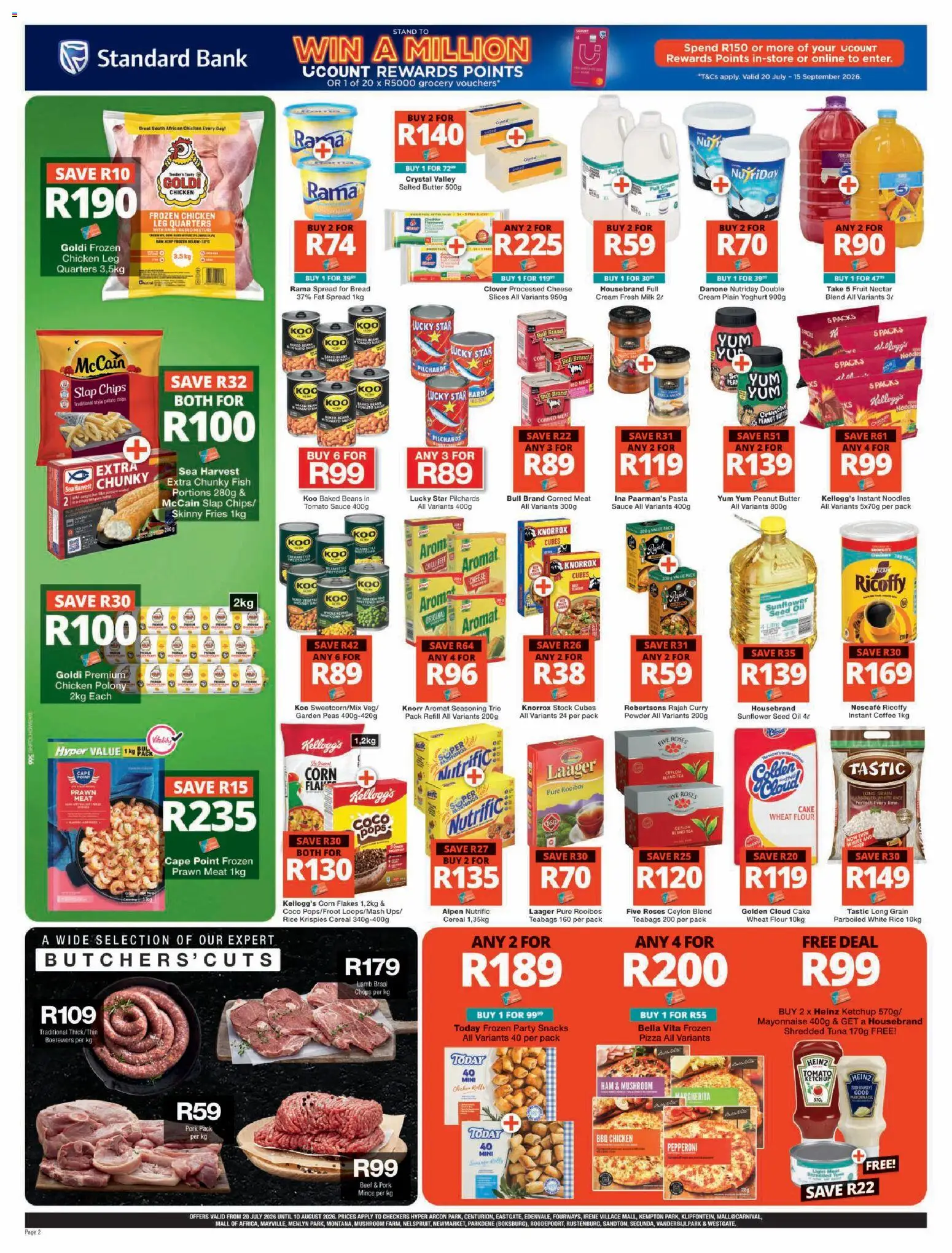 New Checkers catalogue – valid from 20/07/2026 | Page: 2 | Products: Corned meat, Flour, Yoghurt, Fish