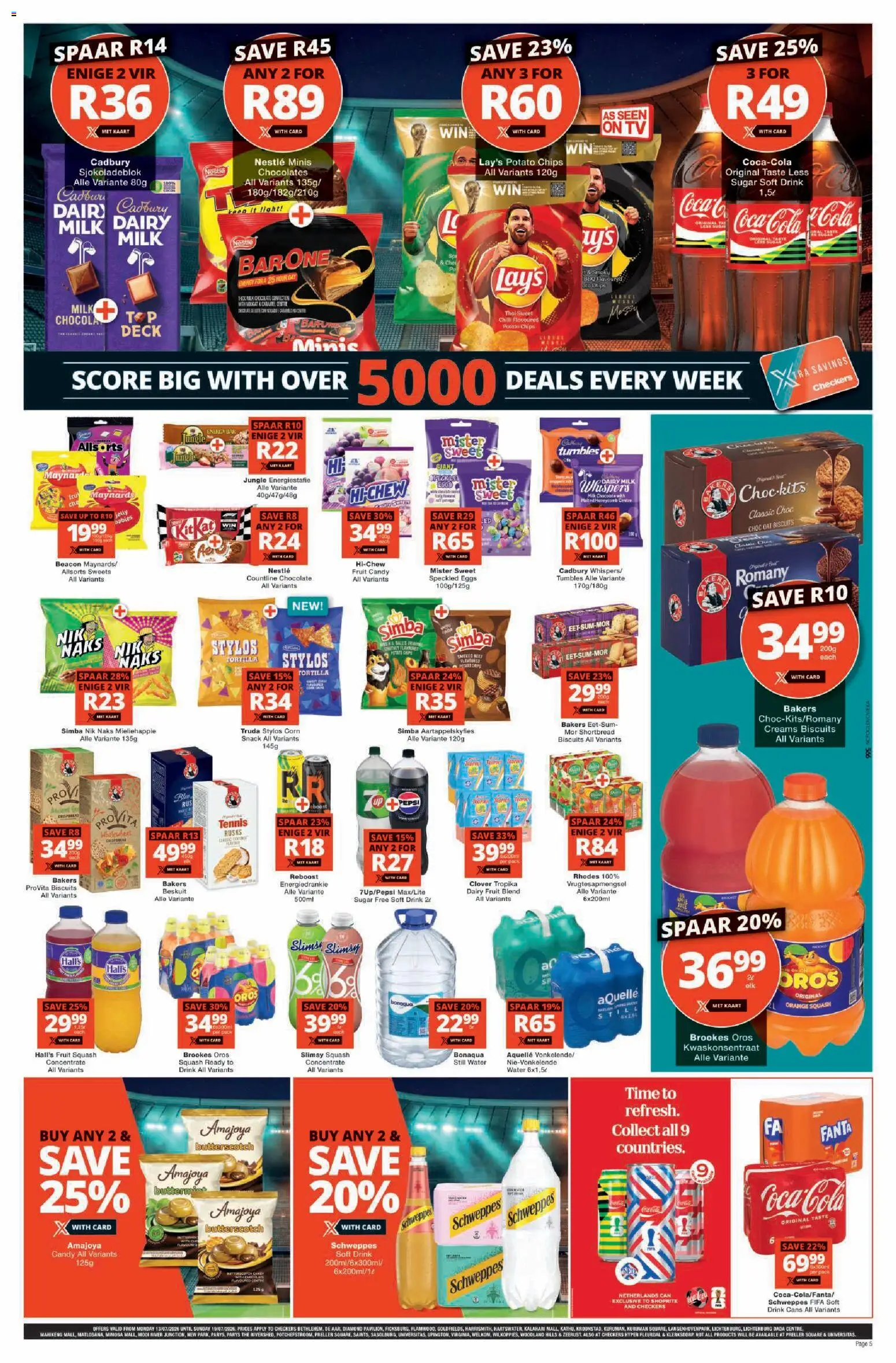 New Checkers catalogue – valid from 13/07/2026 | Page: 5 | Products: Squash, Eggs, Chocolate, Water