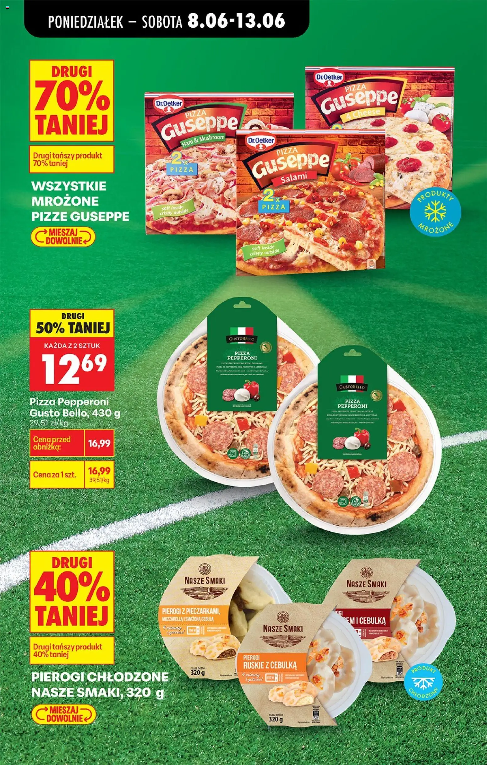 Biedronka gazetka od poniedziałku od 08.06.2026 | Strona: 19 | Produkty: Pierogi, Pierogi z mięsem, Salami, Pizza