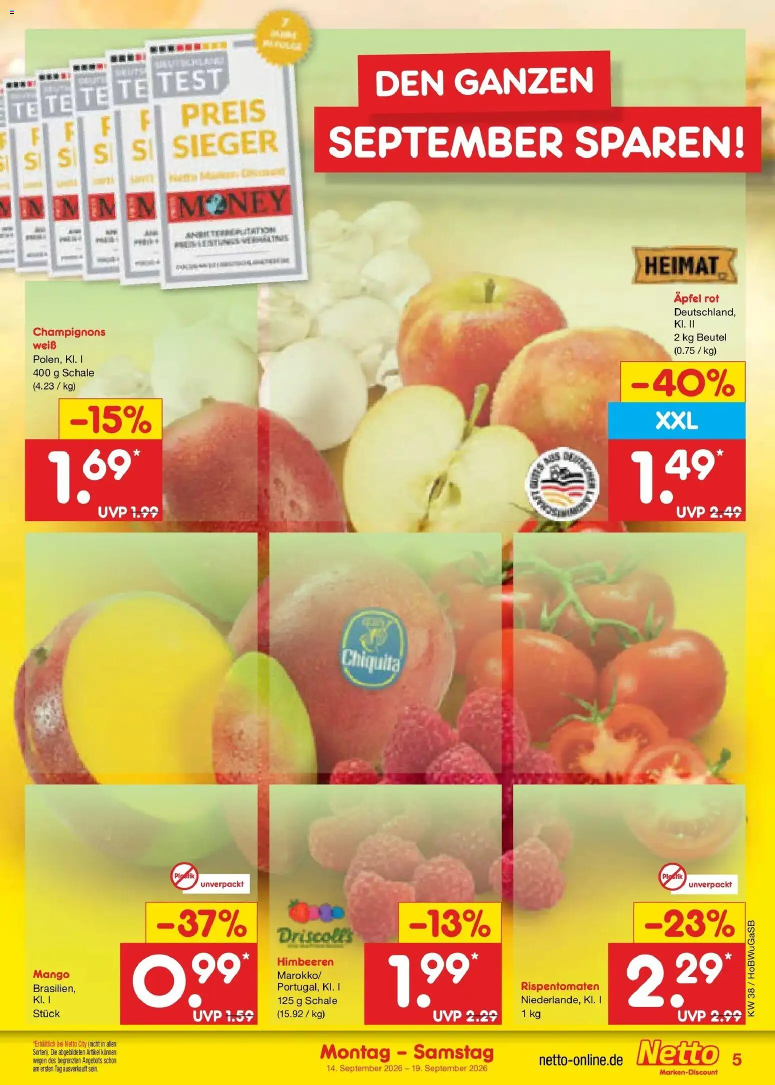 Netto Marken-Discount Prospekt Oldenburg – gültig ab 14.09.2026 | Seite: 7 | Produkte: Himbeeren, Äpfel, Champignons, Mango