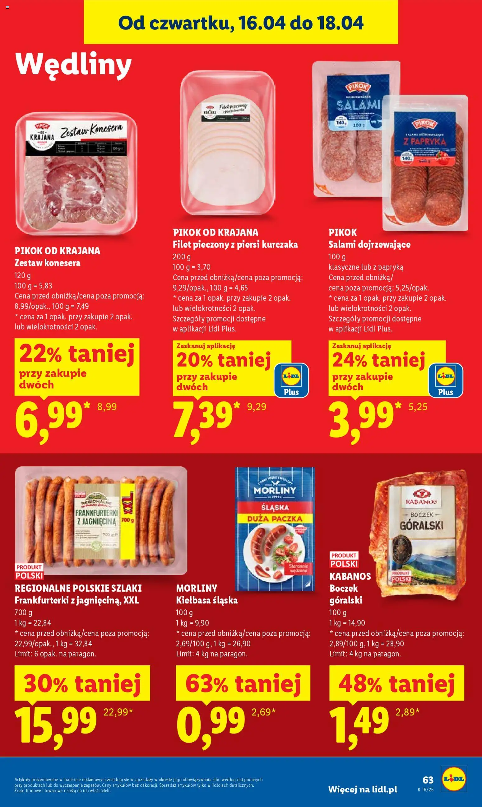Lidl Polsko leták od 16.04.2026 | Strana: 63 | Produkty: Kabanos, Filet, Pikok