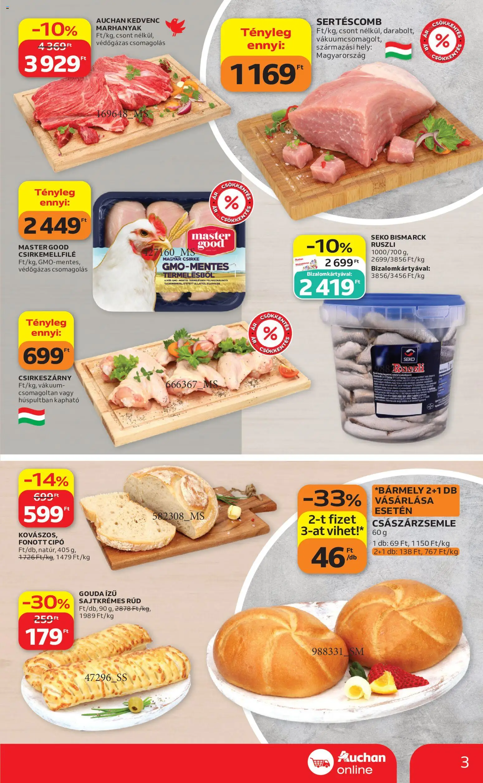 Auchan akciós ujság - amely érvényes a következő dátumtól: 2026.08.06. | Oldal: 3 | Termékek: Hús, Császárzsemle, Sertéscomb, Gouda