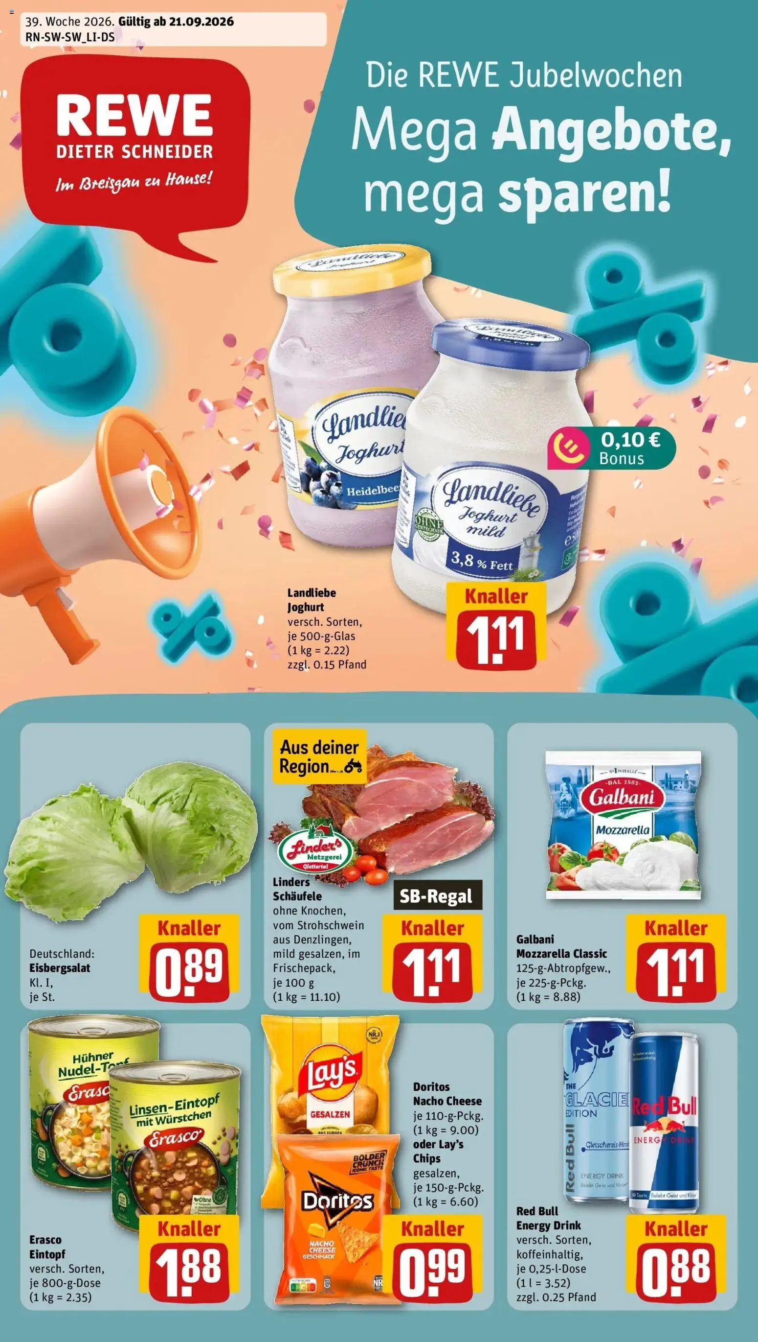 REWE Prospekt ab 21.09.2026 zum Blättern » Angebote | Seite: 1 | Produkte: Energy, Mozzarella, Erasco, Chips