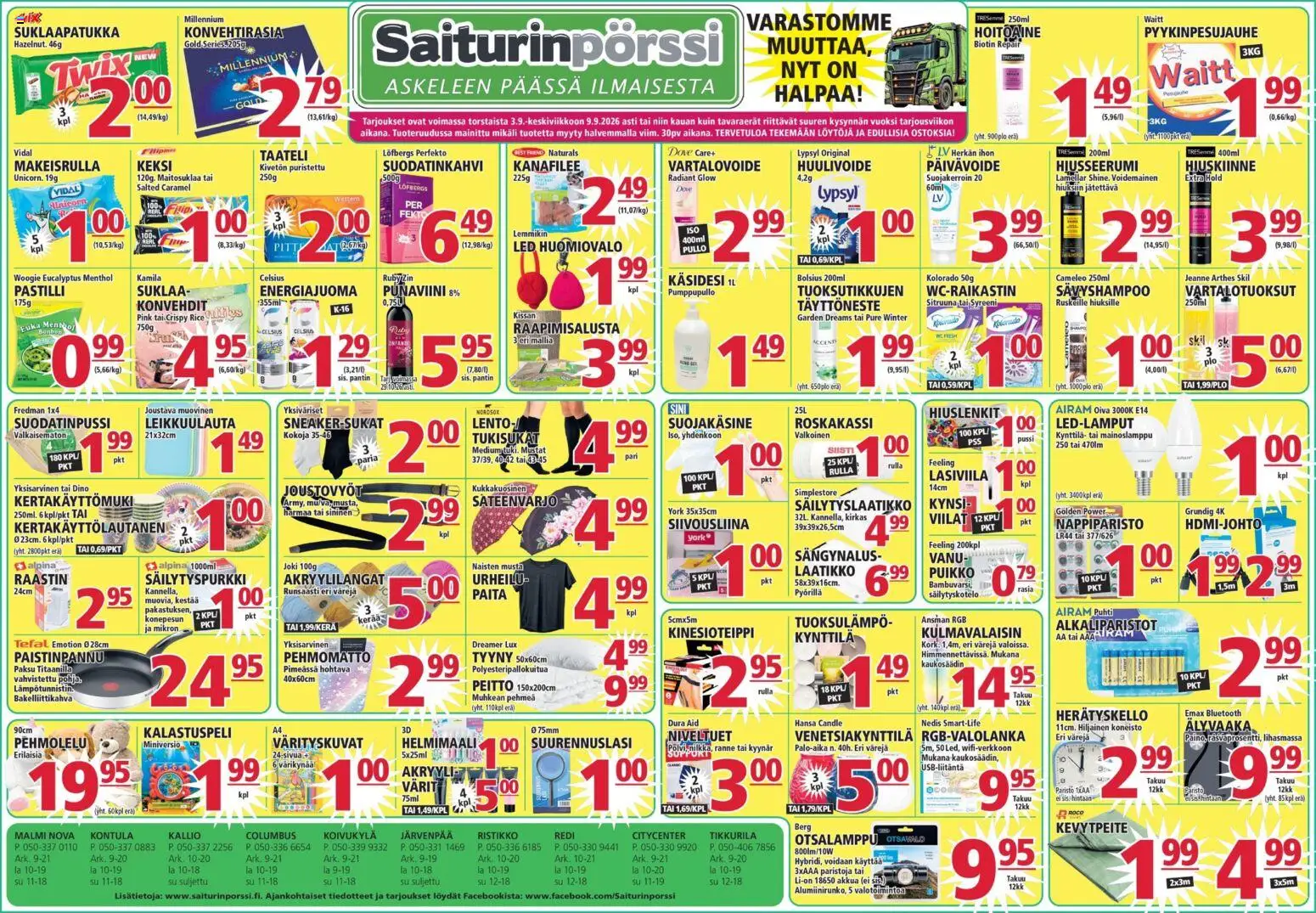 Saiturinpörssi tarjoukset – voimassa 03/09/2026 alkaen | Sivu: 1 | Tuotteet: Kaukosäädin, Peitto, Suklaa, Sateenvarjo
