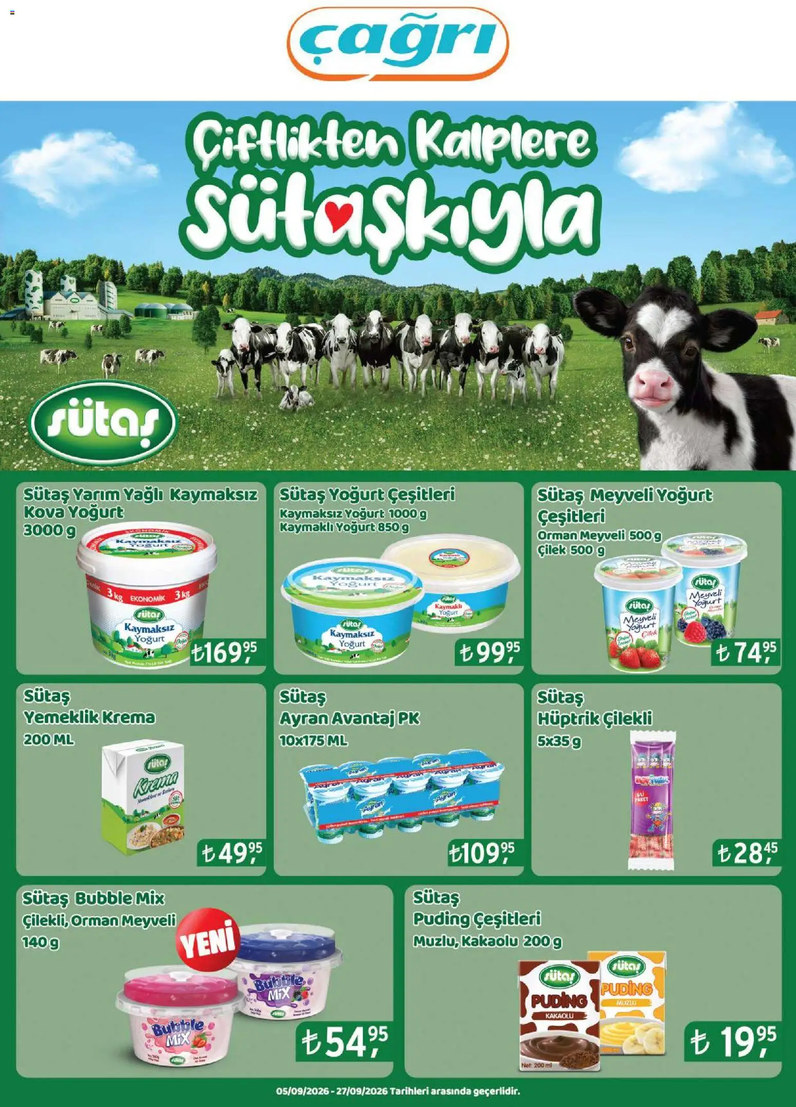 Çağrı Market - Sütaş Katalog - 05 Eylül 2026 tarihinden itibaren geçerlidir | Sayfa: 1 | Ürünler: Meyveli yoğurt, Yoğurt, Çilek, Krema