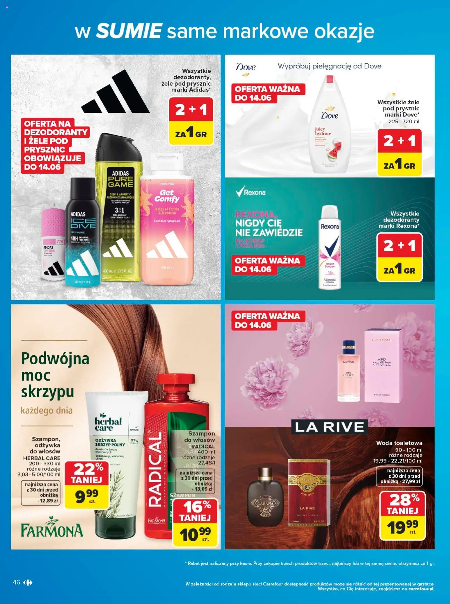 Carrefour gazetka - W sumie same markowe okazje od 08.06.2026 | Strona: 46 | Produkty: Szampon, Odżywka, Odżywka do włosów, Woda