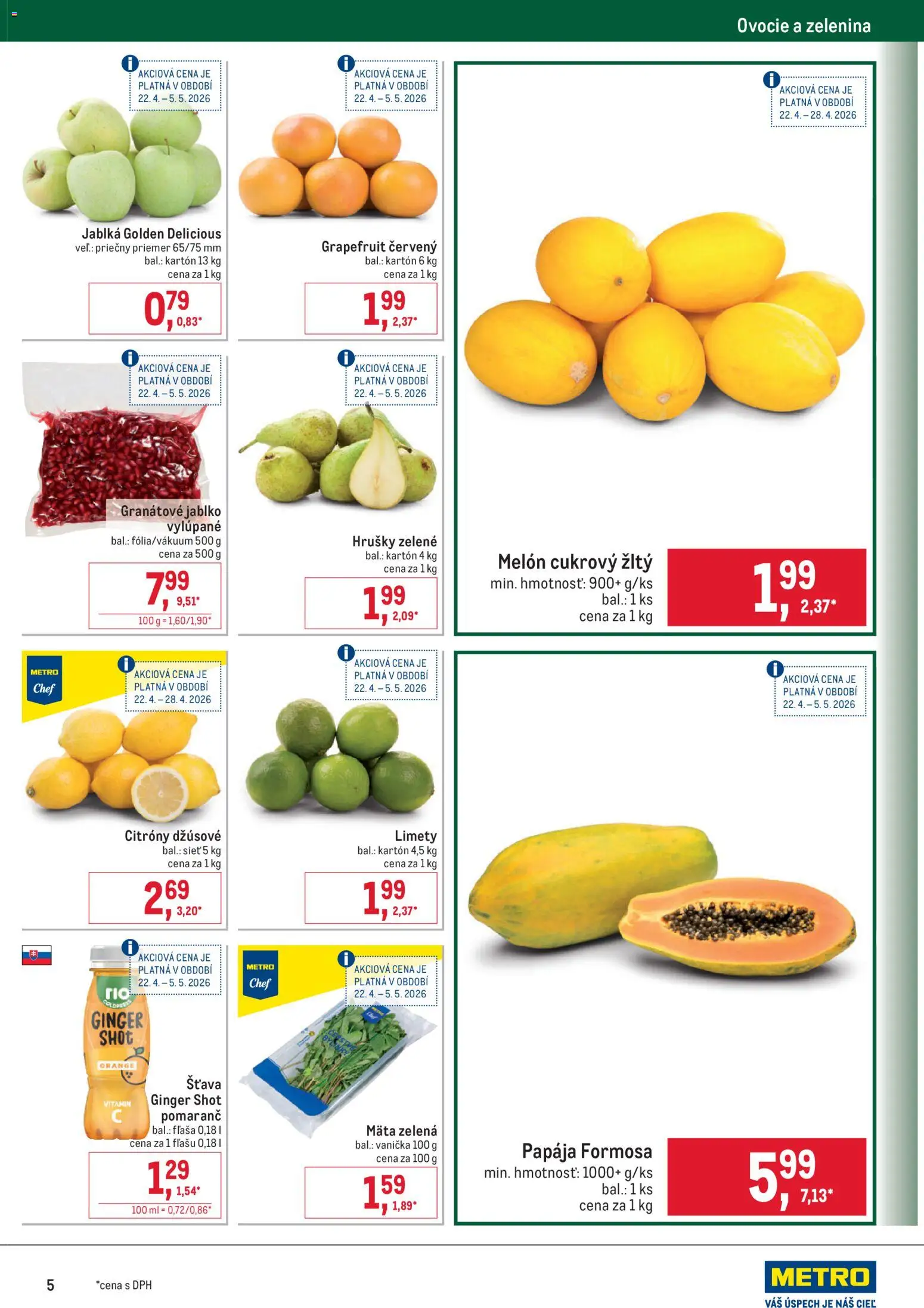 Nové Metro akcie – leták je platný od 22.04.2026 | Strana: 5 | Produkty: Jablká, Grapefruit, Melón, Ovocie