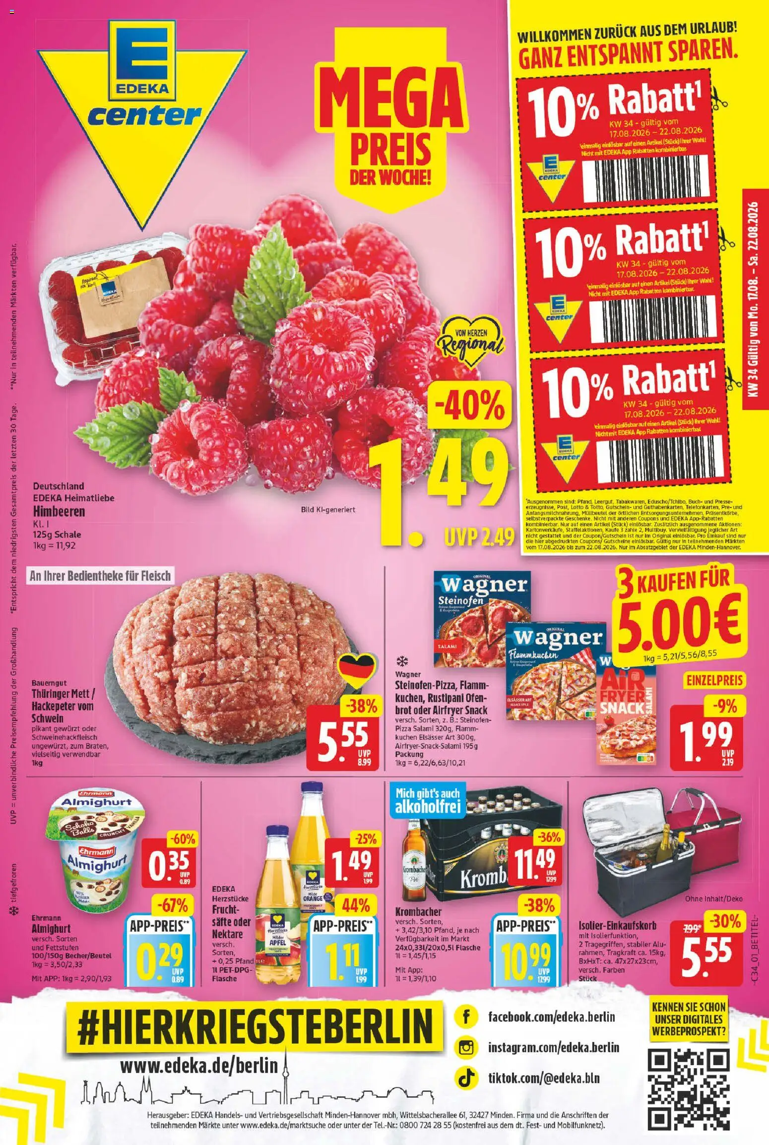 E center Prospekt – gültig ab 17.08.2026 | Seite: 1 | Produkte: Himbeeren, Bauerngut, Brot, Pizza