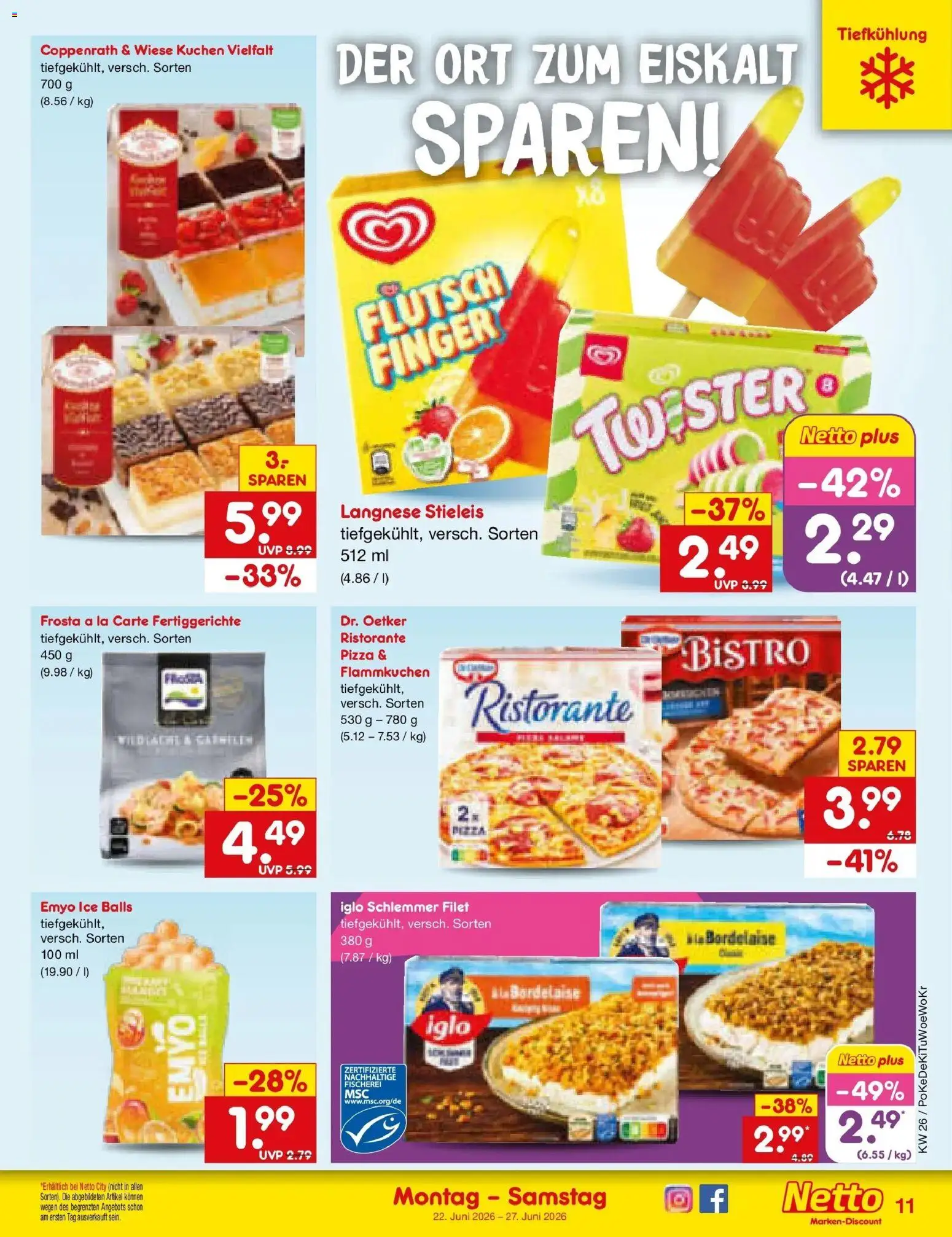 Netto Marken-Discount Prospekt Mannheim – gültig ab 22.06.2026 | Seite: 13 | Produkte: Langnese, Iglo, Frosta, Fertiggerichte