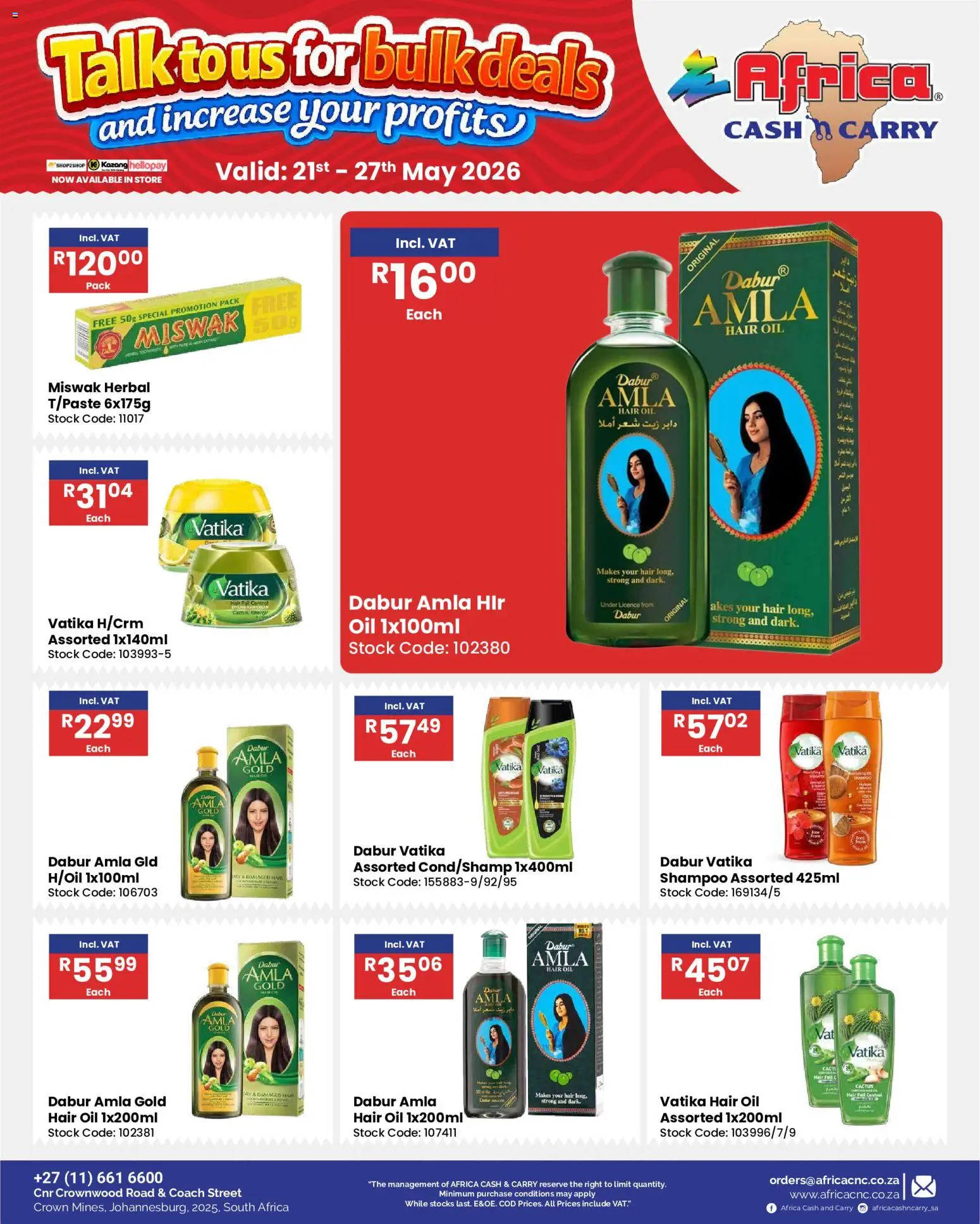 New Africa Cash & Carry catalogue – valid from 21.05.2026 | Page: 65 | Products: Oil, Shampoo, Hair oil, Stock